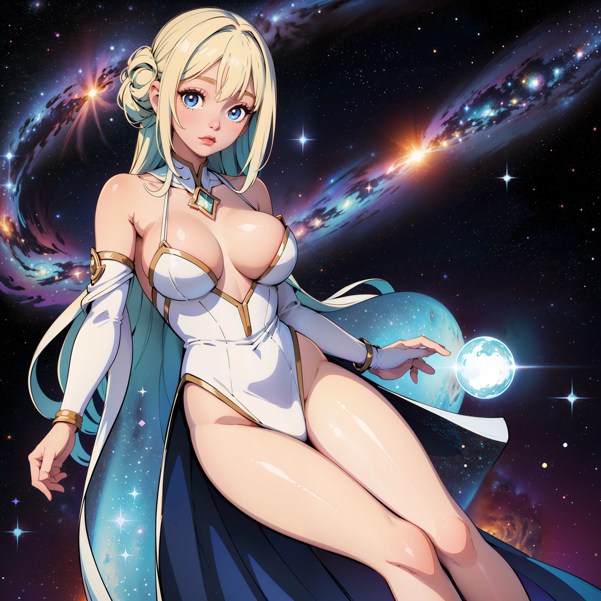 En medio del espacio, Una diosa navega por el universo en todo su esplendor. With its energy it illuminates its path, Its beauty makes everything around it even brighter. estrellas, Galaxies and all the beauty of the universe are all around you. She wears beautiful fabrics with amazing embroidery, Her endless hair seems to fly behind her.