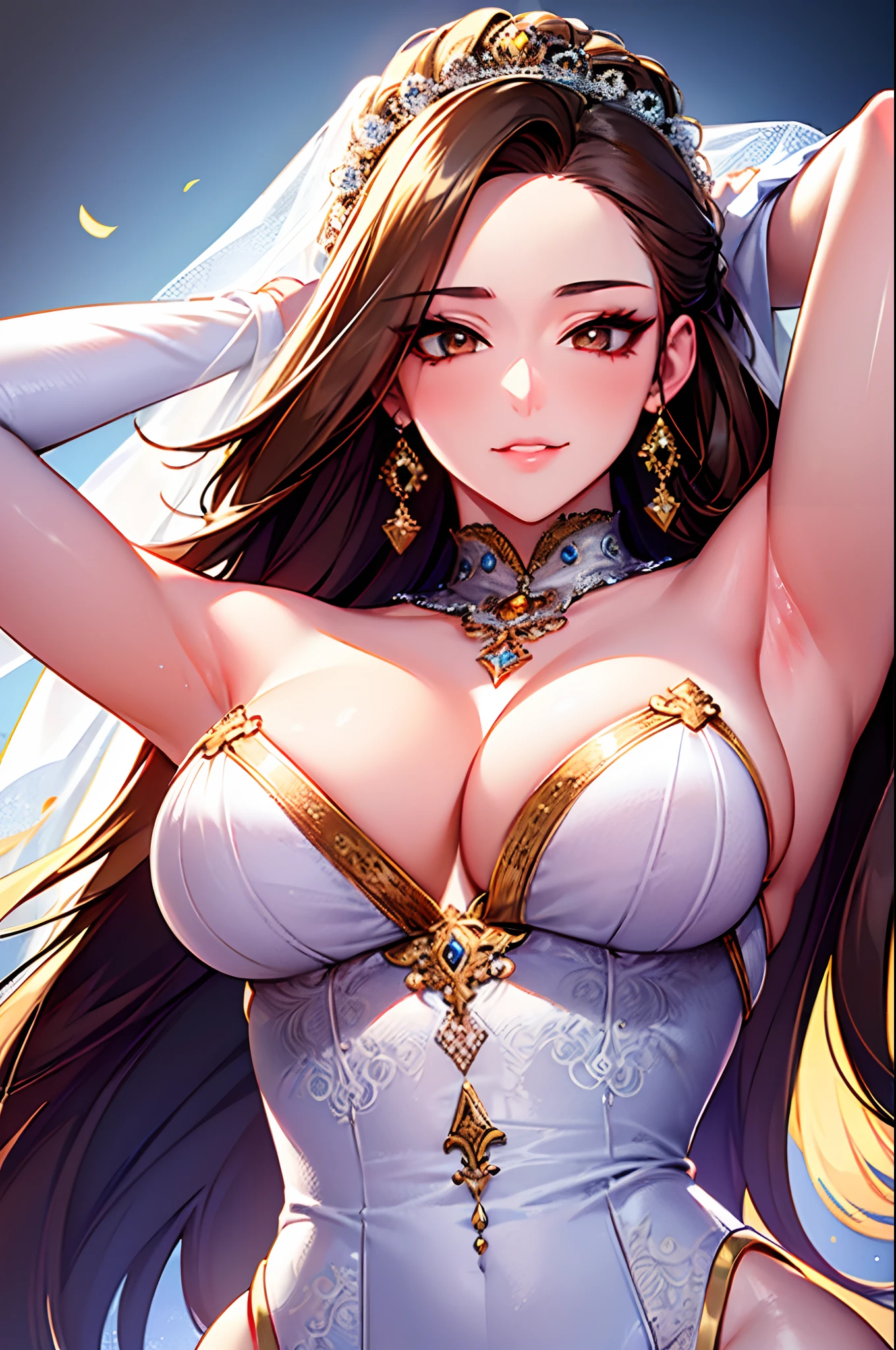 fantasy-style, 1girl, solo, upper body, extreamly long eyelashes, extreamly thick eyeliner, mascara, extreamly deep eyeshadow, smug, blonde, parted bangs, shiny forehead, tube dress, blurry_background, masterpiece, official, best quality, high resolution, all intricate, BREAK jewel, gorgeous, splendid, luxurious, (golden), goddess, motherhood, queen, saints, mature women, embroidery, vail, (white wedding dress:1.2) white elbow gloves, gleaming skin, (multicolored hair) BREAK sagging breast, (large areolae, areolae slip:1.3) , arms behind head, armpits,
