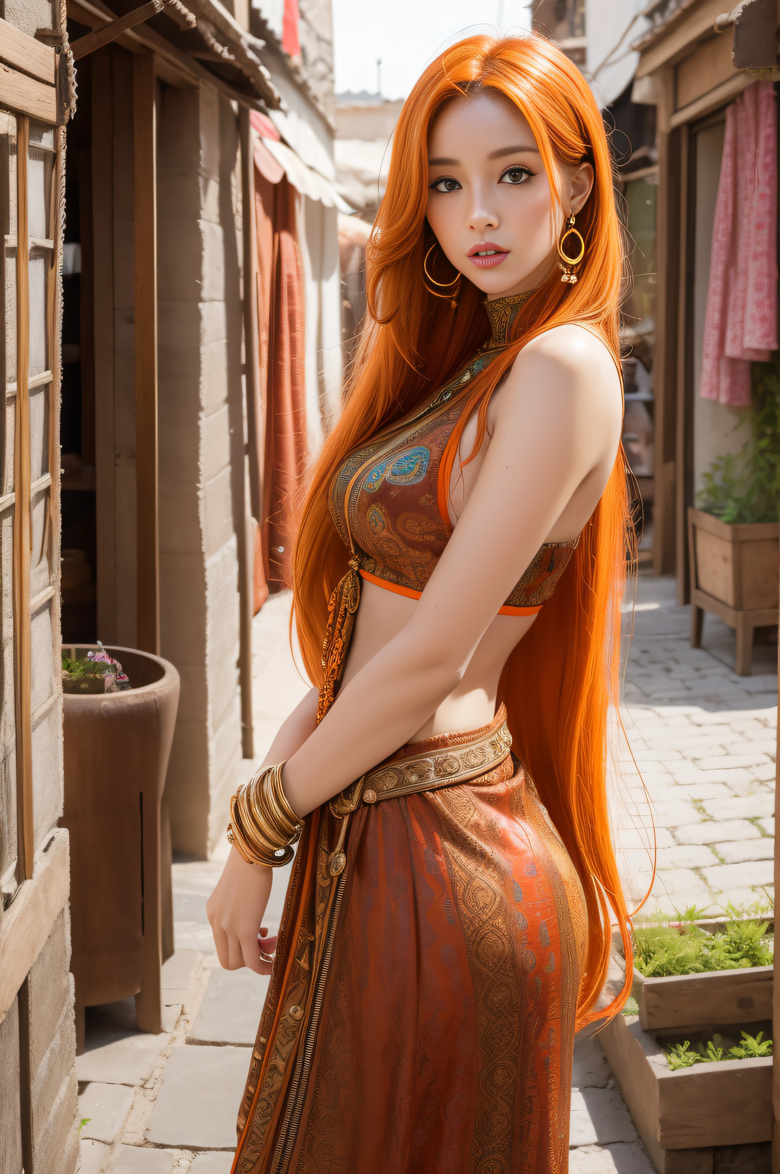 xxmix_girl, detailed eyes, spice-orange hair, a woman navigates the labyrinthine alleys, surrounded by the rich scents and colors of exotic wares. Her spice-orange hair is reminiscent of the aromatic stalls, becoming a vivid highlight amidst the sensory overload. Her eyes, curious and adventurous, soak in the eclectic tapestry of Moroccan culture.