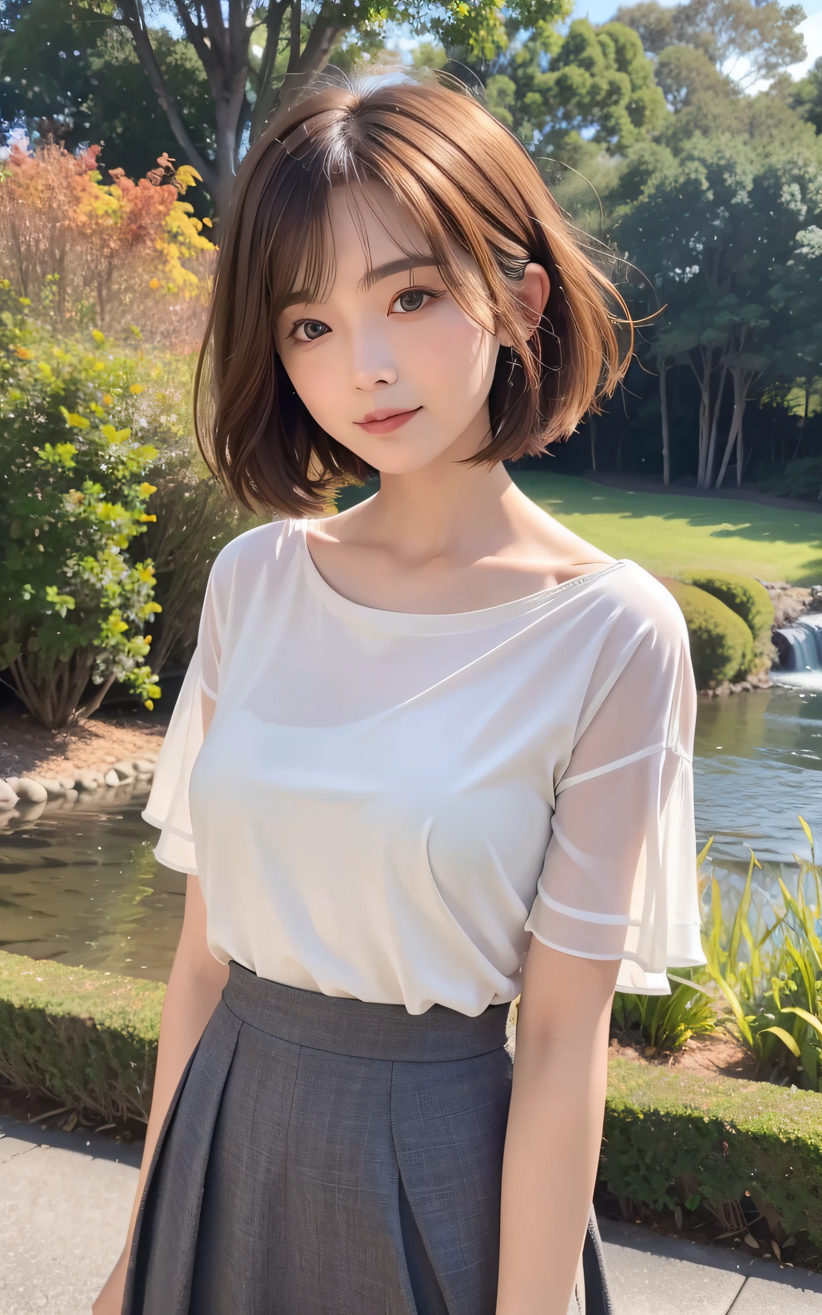 ((top-quality、8k masterpieces:1.3))、(ultra beautiful faces:1.0)、(shinny skin:1.0)、photos realistic、Brown hair, Short bob hair, layers-Cut, Hair swaying in the wind, Video Lighting、High-definition eyes and face、Silk Color Blouse、Skirt, 1 japanese girl, Neat and clean beauty, Cute, from the front side、medium breasts、A slight smile, Forest lake with morning mist
