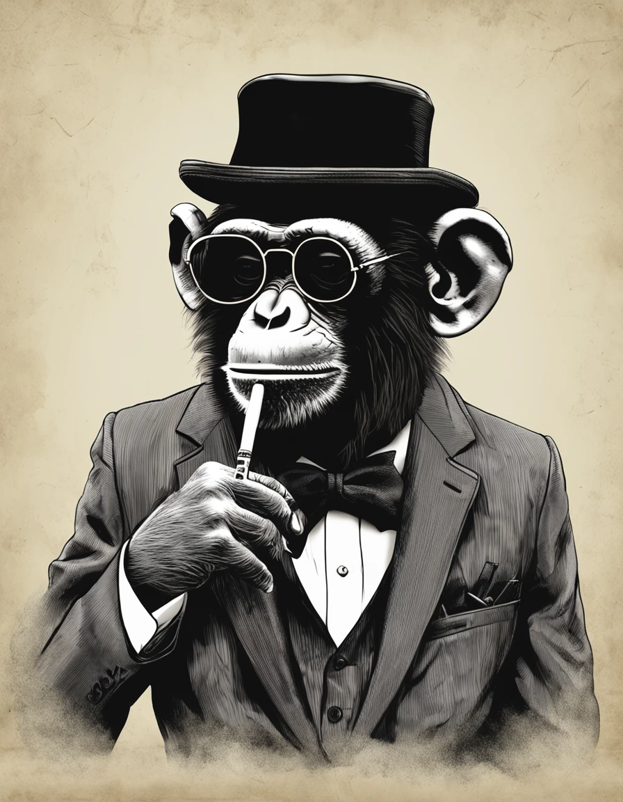 ((top-notch quality)), ((masterwork)), ((true-to-life)),
Subject: Hyper-Realistic Photograph of a Stylish Monkey Smoking a Cigar
Medium: Photography
Resolution: 4K
Positive Prompt: Create a ((top-notch quality)), ((masterwork)), ((true-to-life)) photograph that captures the essence of a monkey in a black tuxedo suit and sunglasses, smoking a lit cigar with an air of sophistication. The monkey should be posed upright, exuding confidence and style. The composition should focus on the monkey's face and upper body, with the lit cigar held casually in one hand up to its mouth. Capture wisps of smoke surrounding the monkey's head, adding to the atmosphere.
Ensure that the image is perfectly clear and detailed, showcasing the fine hairs and wrinkles on the monkey's body and face. Pay close attention to the details of the tuxedo suit, tailoring it to fit the monkey's frame in a realistic way. The white dress shirt and bow tie should be crisp and neatly arranged, emphasizing the monkey's dapper appearance.
The semi-reflective aviator-style sunglasses should obscurely shield the monkey's eyes, adding to the enigmatic aura. Highlight the lit end of the cigar, making it glow brightly and casting subtle reflections on the monkey's surroundings. The fine smoke swirling around the monkey's hand and head area should be realistically portrayed, contributing to the overall atmosphere.
Incorporate an incredibly high level of realism in portraying the fur textures, hair strands, cigar embers, and smoke, as if photographing a real-life monkey. The 4K resolution should capture every intricate detail, allowing the viewer to appreciate the fine nuances of the scene.