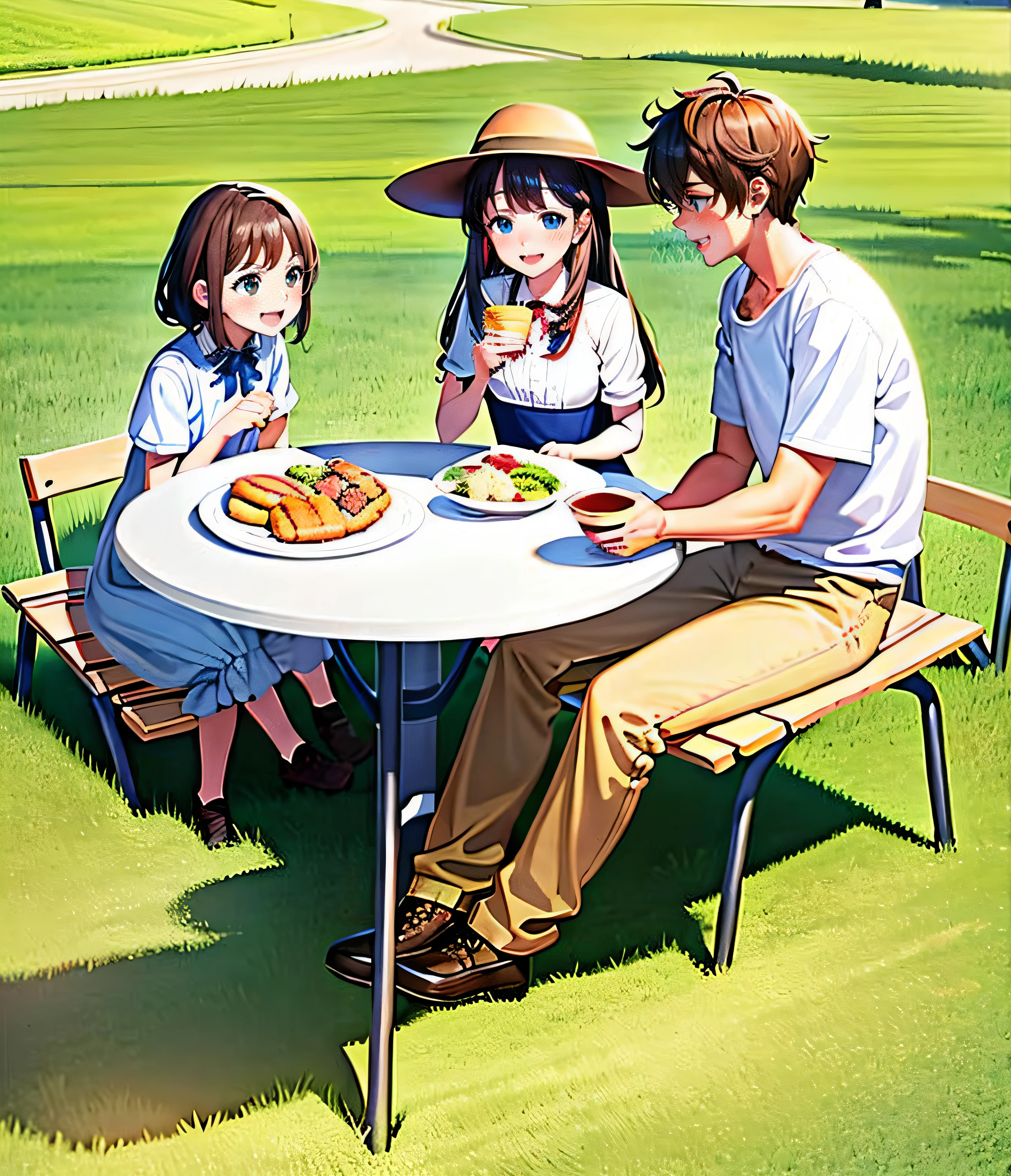 Anime picture of a family eating lunch on a park bench, slice of life anime, having picnic, Makoto Shinkai and Artgerm, Have fun, ( ( Makoto Shinkai ) ), Guweiz e Makoto Shinkai, Outdoor camping, makoto shinkai art style, Makoto Shinkai!!