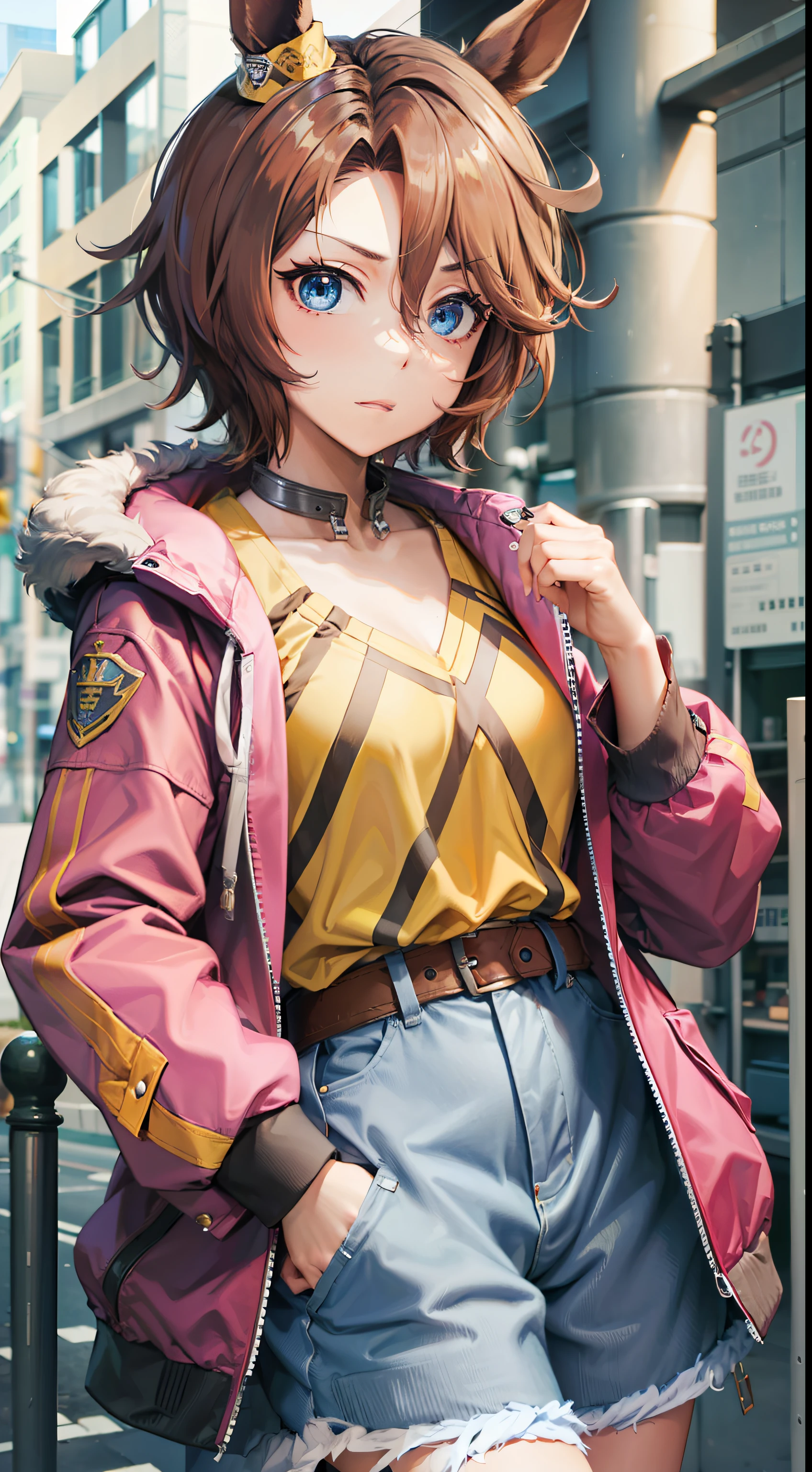 narita taishin(umamusume)、pink far jacket、brown short hair、yellow shirt