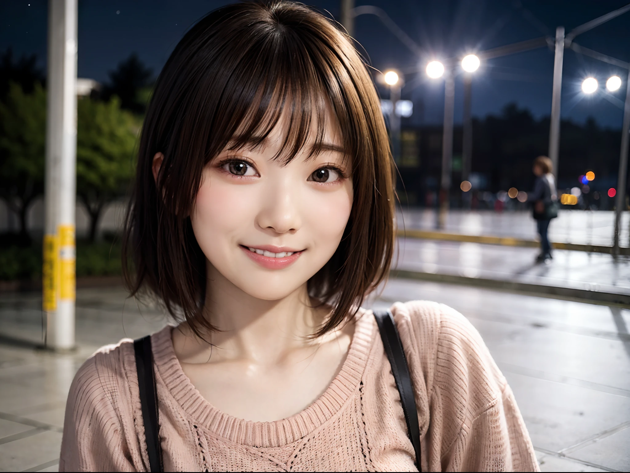 Japan woman in casual clothes on street corner of Tokyo at night、Wearing black-rimmed frame glasses、looking at the viewers、(top-quality、masterpiece)))、hight resolution、ighly detailed、masterpiece、Movie Lighting、(8K、top-quality、masterpiece:1.2)、(realisitic、Photorealsitic:1.37) Hi-Res、Super Detail、Asian, cute little, cute face, 独奏, Short hair 1.2, Textured skin, Beautiful detailed night sky, night landscape、Movie Lighting, depth of fields, Lens flare light、(The upper part of the body:0.5)、Dating、(blush nose)、(A smile:1.15)、(Mouth closed)tiny chest、beautiful finely detailed eyes、(Sweaters:1.1)、(shorth hair:1.2)、Floating hair Nova frog style