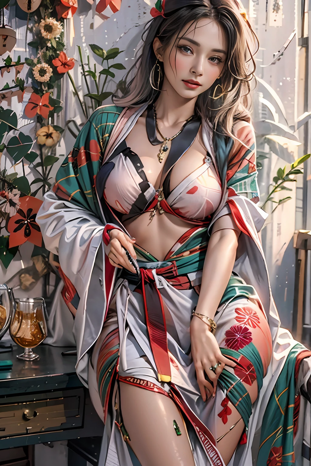 Photorealistic, High resolution, 1womanl, Solo, hips up high, look at viewr, (Detailed face), Kimono, The tattoo, Jewelry