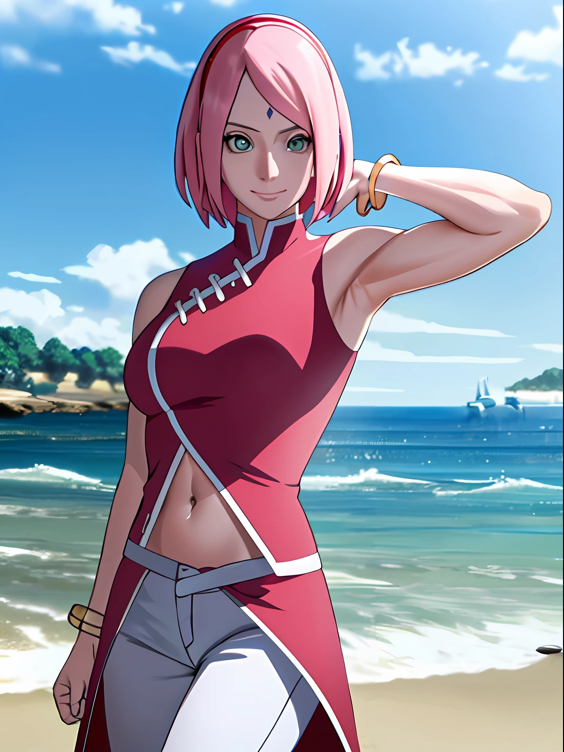 masterpiece, 4k, ultra hires, epic effects, portrait, official art, anime style, high brightness, best quality, 1girl, flexing arm muscles, haruno sakura, cowboy shot, professional artwork, detailed beach background, intricate details, colorful, digital blending, (ultra detailed body, ultra detail hair, ultra detail face), trending on pixiv,
hot smile, (forehead mark, milf, red hairband, pale skin, small breasts, short hair, ((red sleeveless dress, micro bikini top, bikini top only), (gold necklace), white pants), (flat belly, belly lines, navel, belly button, bracelet, pink hair, open eyes, big eyes), smile, beach, wind, floating hair, detailed arms, off-shoulders, broad shoulders, slightly muscular arms, (dirty armpits, armpit pocket), standing)