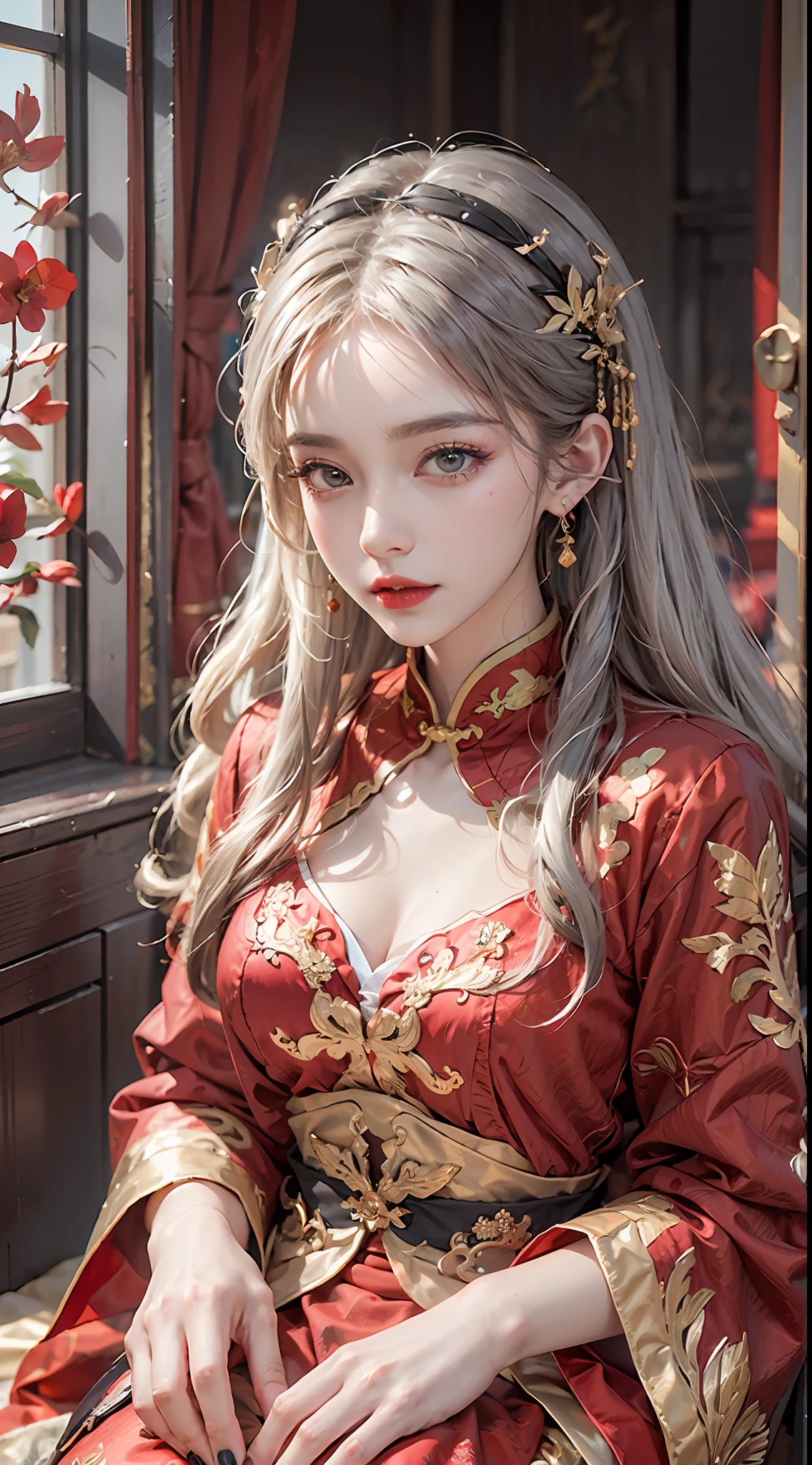 (Ultra-realistic 8k CG: 1.2), perfect artwork, delicate patterns, intricate details, (unparalleled masterpiece, best quality: 1.2), (extremely complex: 1.2), a woman in a red and gold dress, phoenix crown, hair stick, (sitting on a red bed), makeup, blush, shyness, white hair, looking down, cosmetics, (forehead point), (2 red candles), Chinese_clothes, curtains, earrings, hair_ornament,hanfu, interior, jewelry, red nails, long_sleeves, red dress, red lips, tassels, (red quilt), (red palace: 1.2), (ancient Chinese architecture), (red: 1.8), night