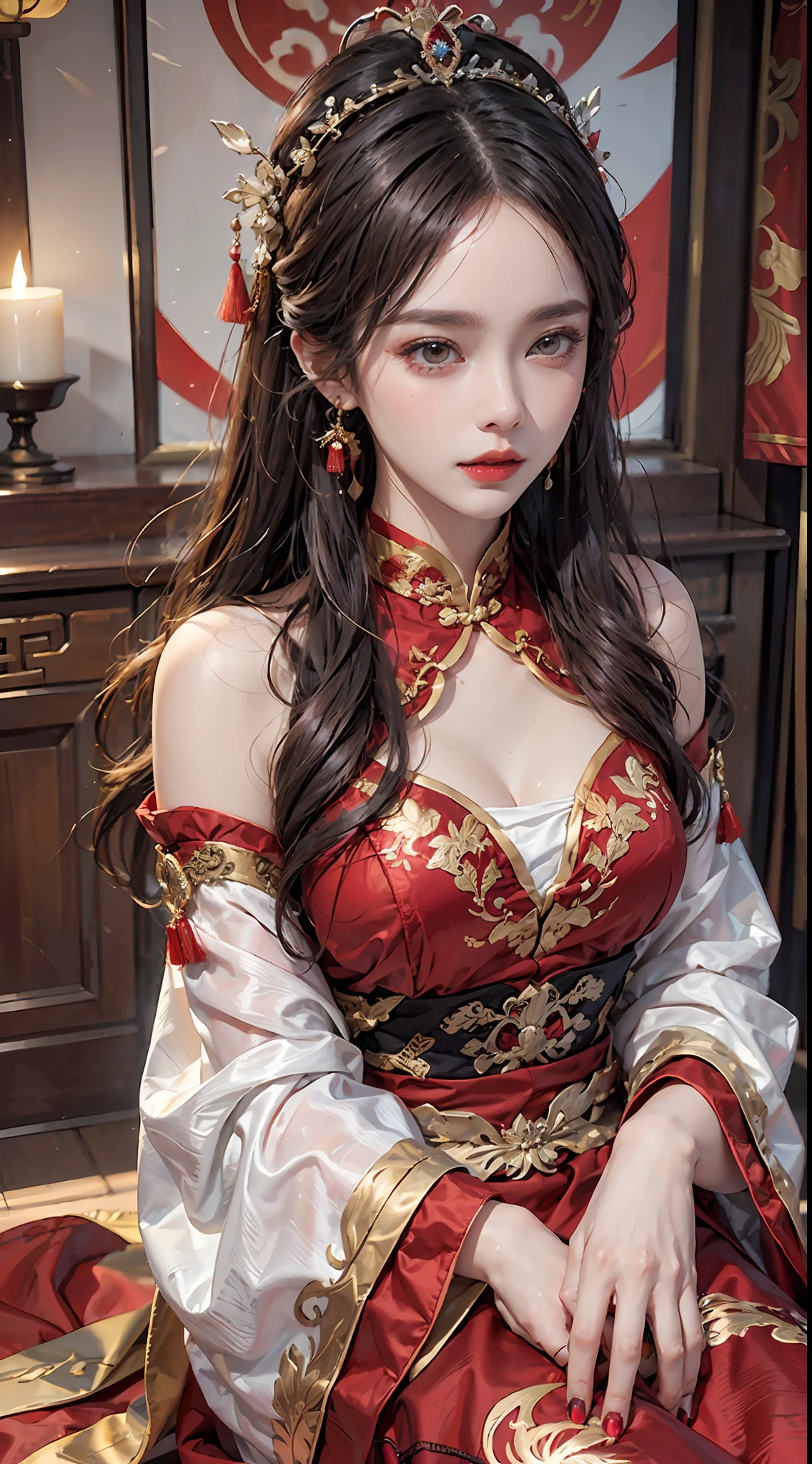 (Ultra-realistic 8k CG: 1.2), perfect artwork, delicate patterns, intricate details, (unparalleled masterpiece, best quality: 1.2), (extremely complex: 1.2), a woman in a red and gold dress, phoenix crown, hair stick, (sitting on a red bed), makeup, blush, shyness, white hair, looking down, cosmetics, (forehead point), (2 red candles), Chinese_clothes, curtains, earrings, hair_ornament,hanfu, interior, jewelry, red nails, long_sleeves, red dress, red lips, tassels, (red quilt), (red palace: 1.2), (ancient Chinese architecture), (red: 1.8), night