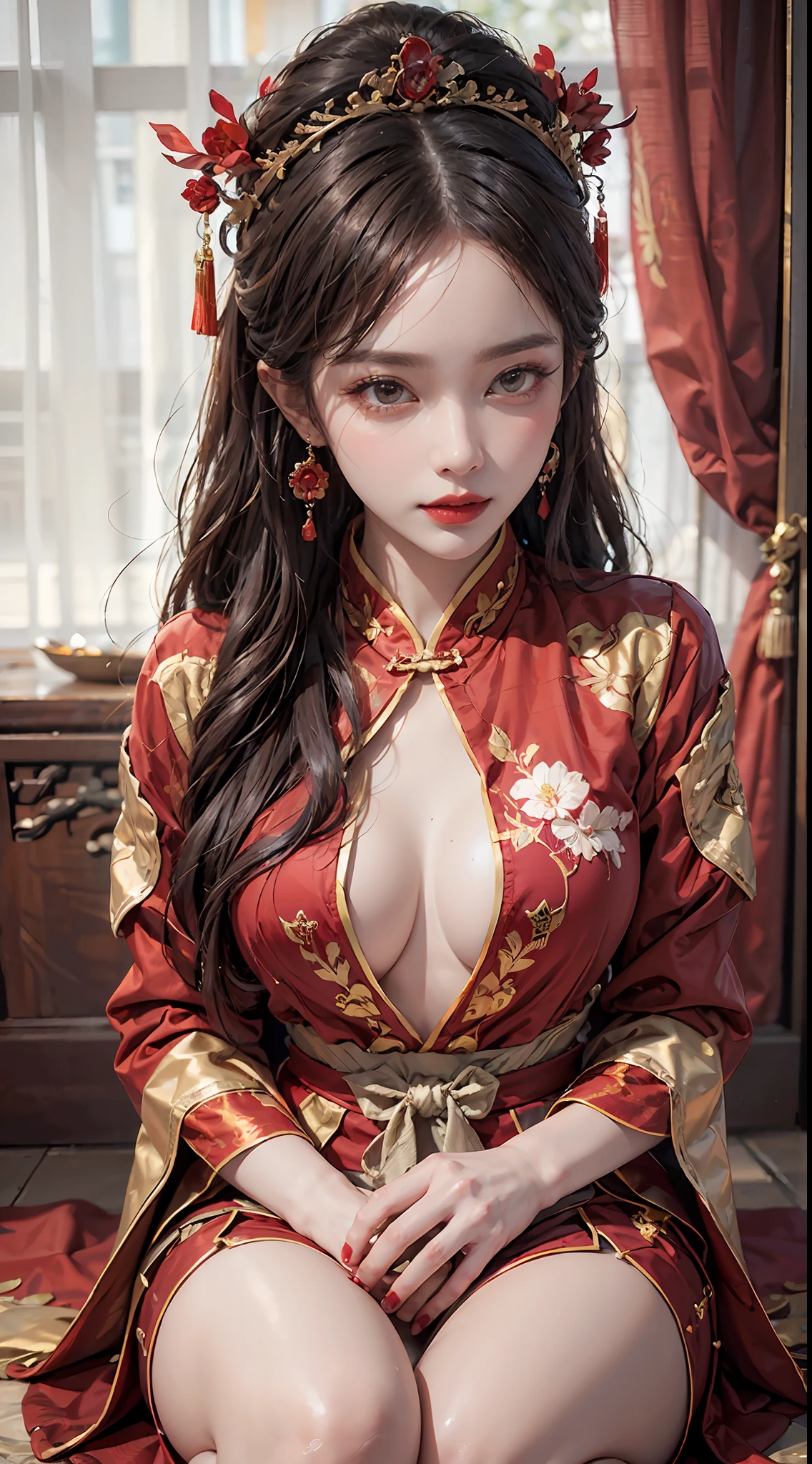 (Ultra-realistic 8k CG: 1.2), perfect artwork, delicate patterns, intricate details, (unparalleled masterpiece, best quality: 1.2), (extremely complex: 1.2), a woman in a red and gold dress, phoenix crown, hair stick, (sitting on a red bed), makeup, blush, shyness, white hair, looking down, cosmetics, (forehead point), (2 red candles), Chinese_clothes, curtains, earrings, hair_ornament,hanfu, interior, jewelry, red nails, long_sleeves, red dress, red lips, tassels, (red quilt), (red palace: 1.2), (ancient Chinese architecture), (red: 1.8), night