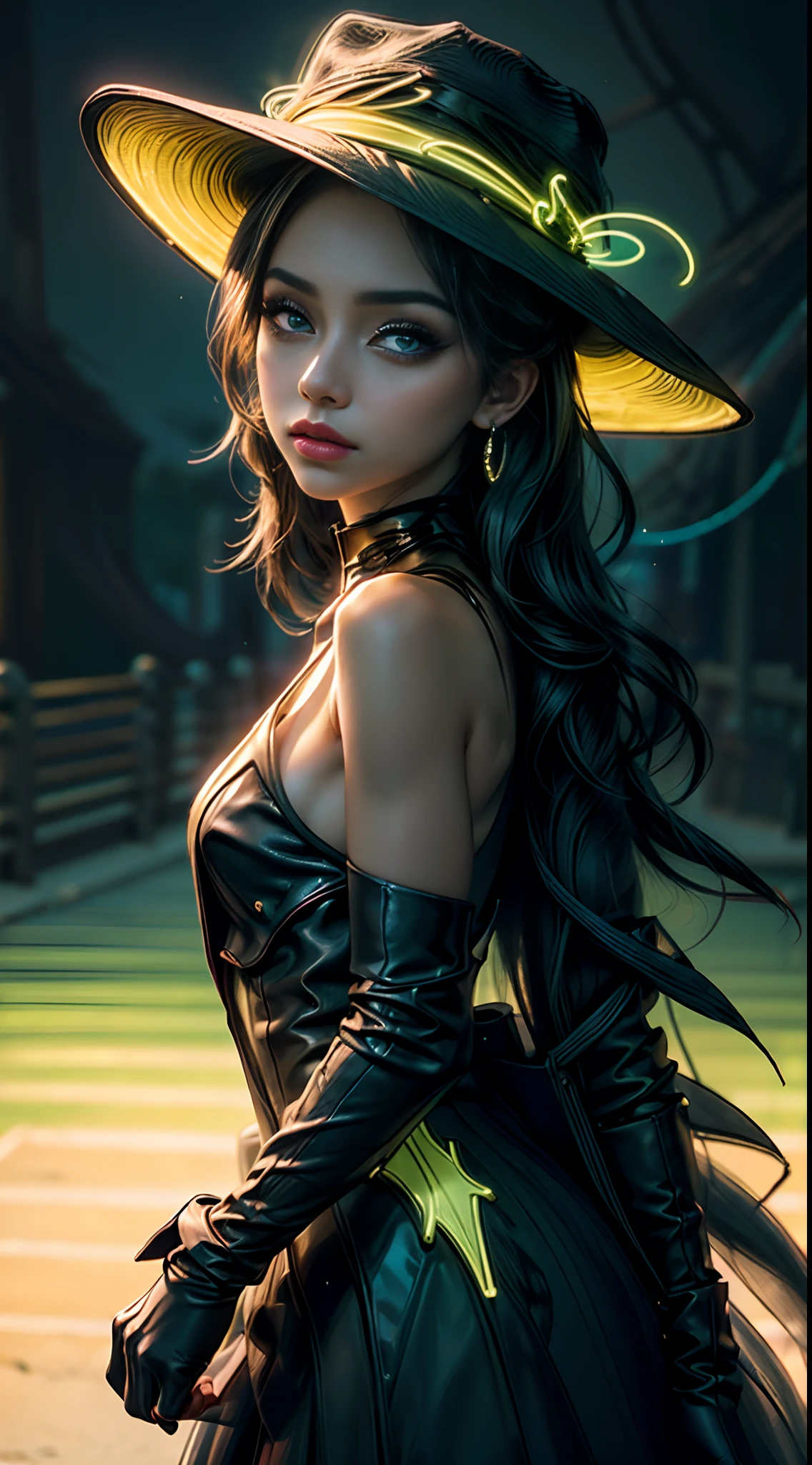 Retrato de beleza do modelo de moda, Elegant woman in black hat, beautiful eyes lips lady makeup, alta qualidade, alta qualidade. Cores claras e verdadeiras e fundo da natureza
(amarelo neon, verde neon, neon blue)