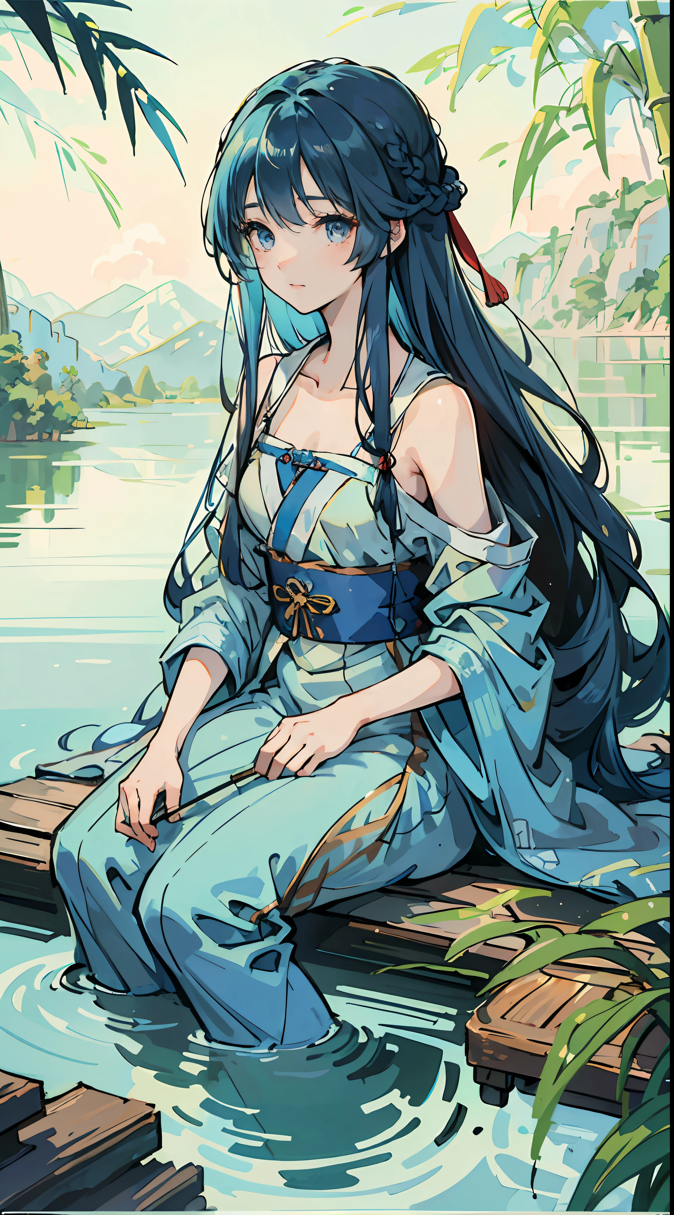 Masterpiece, Best Quality, Official Art, 8k Wallpaper, Very Detailed, Illustration, 1 Girl, Sky Blue Hair, Long Hair, Detailed Eyes, Forrest Gump, Bare Shoulders, Hanfu, Lake, Pure, Soft Smile, bamboo, tea --auto