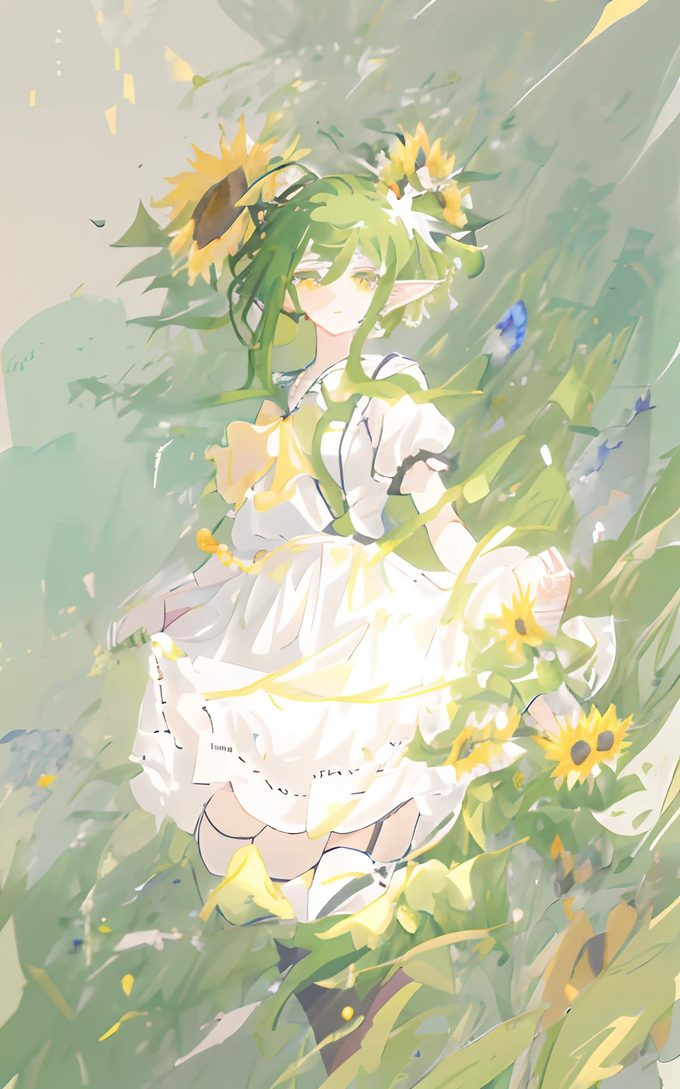 There is a genteel girl with sunflowers in her hair, girl in a dress, Soft anime illustration, Elf girl in white dress, touhou character, Fresh character, full body adoptable, Girly style, Full body portrait of short skirt!, Anime Stylization, Warm anime heroine,Green hair,Half-knee short white stockings,Pseudo-thick coating。