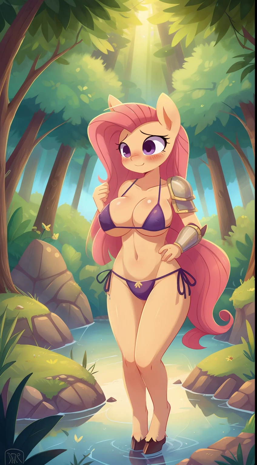 Fluttershy, anthro, cute, blushing, wide hips, large breast, hooves as feet, bikini armor, forest, bikini, lake