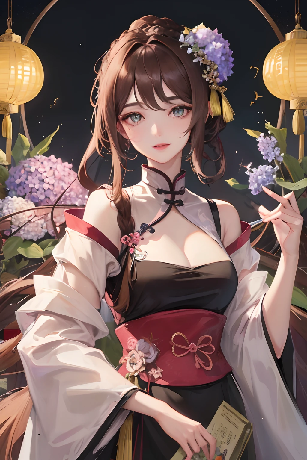 long_hair, green_eyes, bangs, brown_hair, flower, rose, purple_flower, hair_between_eyes,  hair_ornament, flower, purple_rose, breasts, 1girl, japanese_clothes, brown_hair, cleavage, kimono, hair_ornament, looking_at_viewer, new_year, choker, smile, short_hair, bangs, large_breasts, blush, collarbone, hair_flower, flower, red_eyes, solo, floral_print, long_sleeves, happy_new_year, wide_sleeves, eyebrows_visible_through_hair, obi, open_mouth, fur_trim, "Photorealistic, Hyperrealistic, Hyperdetailed, analog style, soft lighting, subsurface scattering, realistic, heavy shadow, masterpiece, best quality, ultra realistic, 8k, golden ratio, Intricate, High Detail, film photography, soft focus"