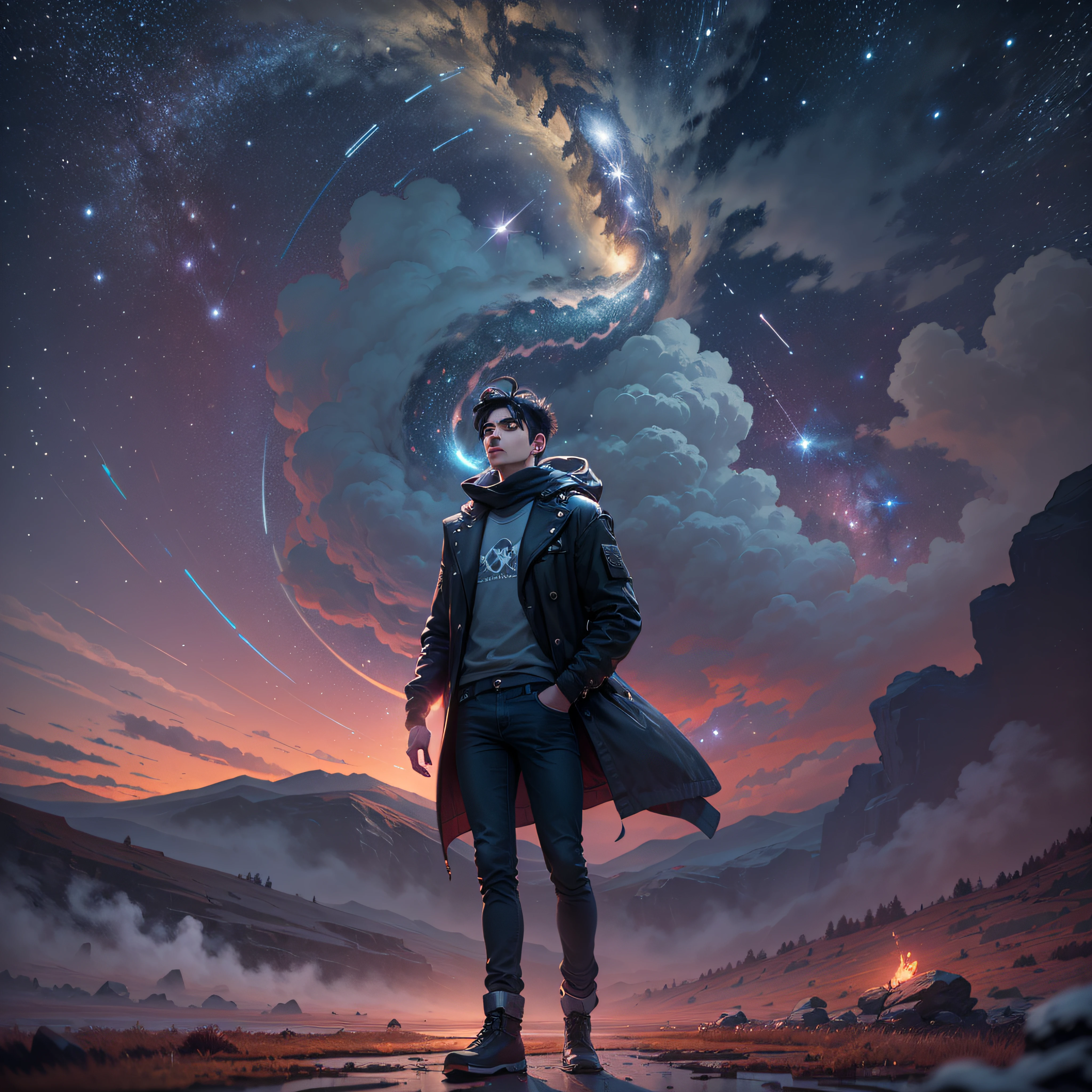 ((Best Quality, 8K, Masterpiece: 1.3)), landscape, nightshoot, star trail, slow speed, standing young man with black hair, black jeans, look at the stars, amazing scenery.