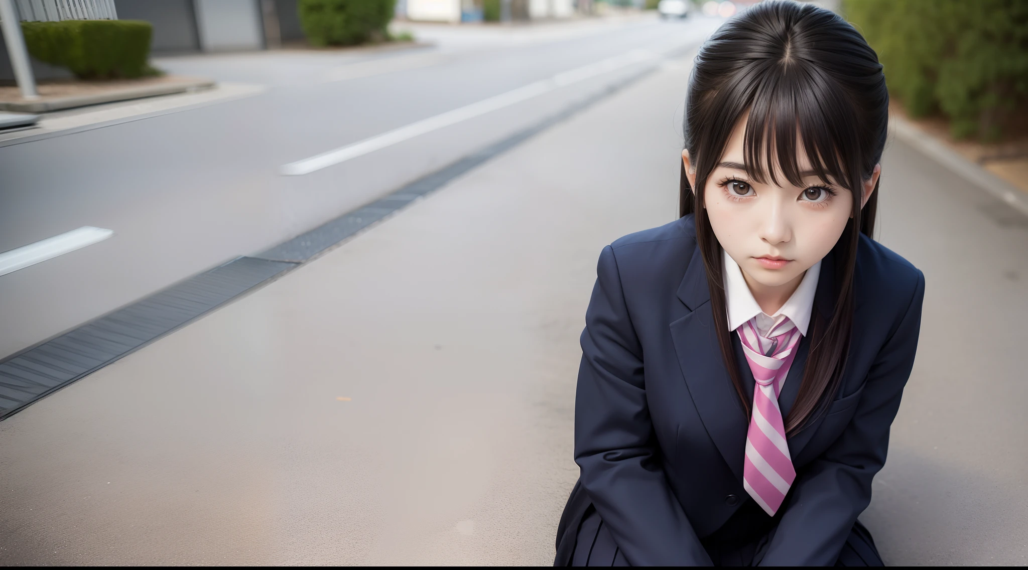 There is a woman sitting on the ground in a suit and tie, the anime girl is crouching, portrait of a japanese teen, a hyperrealistic schoolgirl, real life anime girl, Japan school uniform, Sitting on the ground, Seifuku, a hyperrealistic schoolgirl, japanese girl school uniform, japanese high school, beautiful anime high school girl