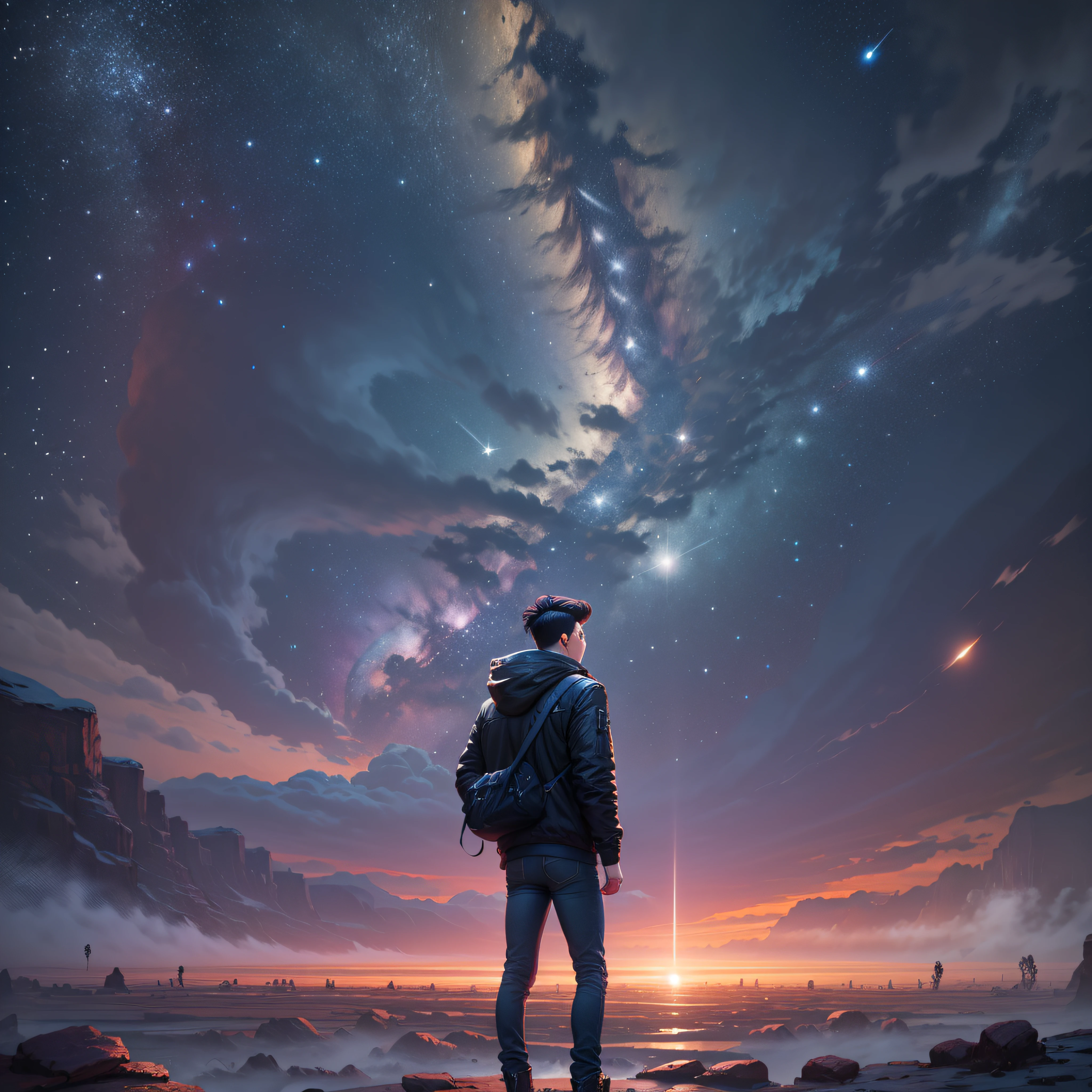((Best Quality, 8K, Masterpiece: 1.3)), landscape, nightshoot, star trail, slow speed, standing young man with black hair, black jeans, look at the stars, amazing scenery.