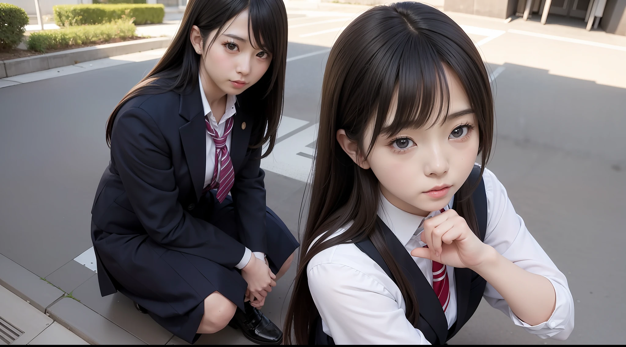 There is a woman sitting on the ground in a suit and tie, the anime girl is crouching, portrait of a japanese , a hyperrealistic schoolgirl, real life anime girl, Japan school uniform, Sitting on the ground, Seifuku, a hyperrealistic schoolgirl, japanese girl school uniform, japanese high school, beautiful anime high school girl