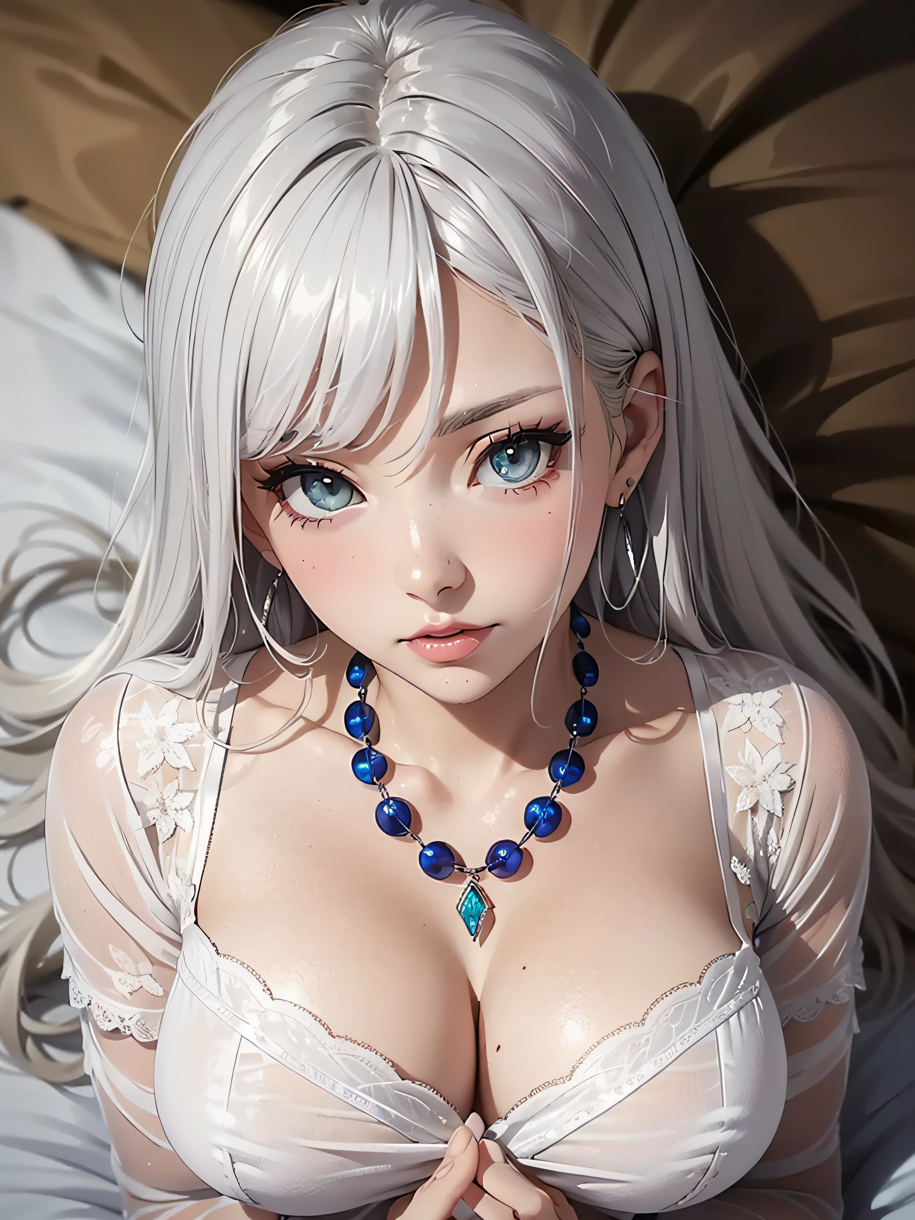 (masutepiece: 1.3), (max resolution: 1.2), (Ultra HDTV: 1.2), cinematric light, 8K resolution, Detailed eyes and skin, detailed facial features, , (Sharp Focus: 1.2), (Focus on Face:1.2),Perfect Style, Beautiful face, acurate, Anatomically correct, Highly detailed face and skin texture, Detailed eyes, Double eyelids, Thin eyebrows, Glitter Eyeliner: 1 Natural cheeks, Glossy skin, Fair skin: 1.2, (Glossy lips: 1.4),、 (Shy look: 1.2),Highly detailed facial and skin texture, Detailed eyes, Double eyelids, Natural cheeks, , shiny lips: 1.4,Exposed cleavage、(A large amount of sperm in the chest:1.4)(Large amount of sperm in the thighs:1.2)、 red blush、humiliated、impatience、dismay、Frightened、glares、Sexually arousal、embarrassed from、Open knees、open one's legs、rub one's breasts、(Masturbation behavior:1.6)、touches crotch、White underwear、White bra、Shiny little earrings and necklaces、Disheveled clothes、Dressing、Exposed panties、Wearing sweat、Sheer underwear、Full body like、1 persons、 20yr old, Neat and clean woman , upturned breasts,on the beds、Bedroom、Green-gray eyes,(White sheer clothes:1.6)、White-silver hair、