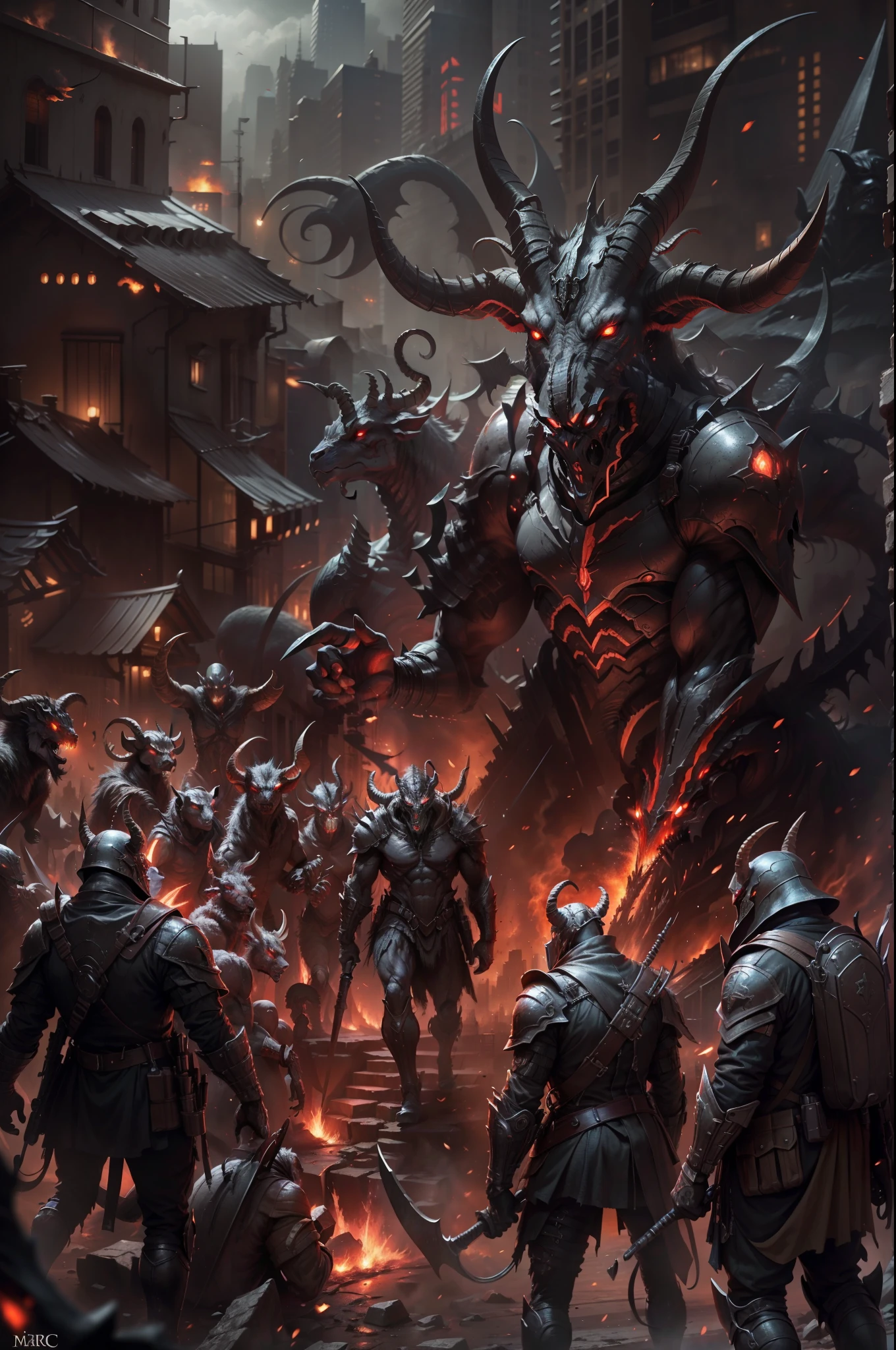 Alien armies invade cities，Goat-faced demon ，Wear military uniforms，Pick up the axe，red - eyed，unholy，Fierce，rampage ，Powerful，Stand at the highest part of the city，Observe the city，Below is the army of demons，Epic war fantasy digital art，Epic Technology, fantasy, Digital art，Futuristic fantasy，tmasterpiece，high qulity，8K，UHD resolution，Detailed detail drawing，realisticlying，Very realistic，cinmatic lighting,an award winning photograph,rich colours，hyper realistic lifelike texture，dramatic  lighting