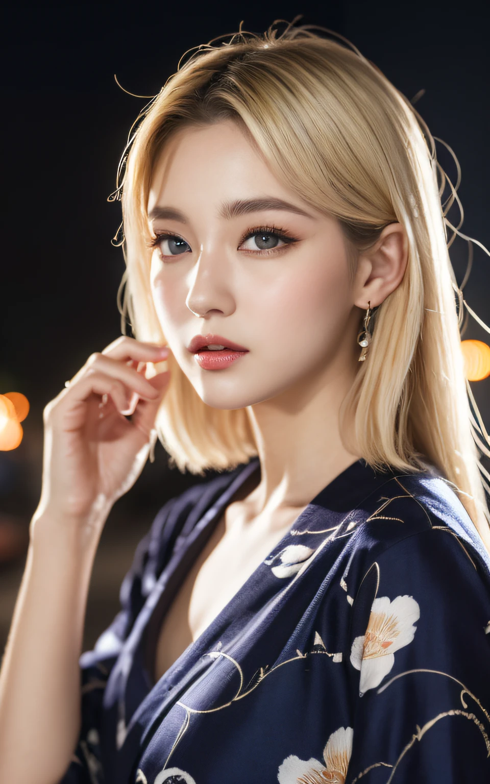 Highly detailed CG Unity 8k wallpaper, top quality, super detailed, masterpiece, realistic, photo-realistic, very detailed cute girl, 25 years old, (blonde hair: 1.4)), ((dyed blonde)), (gal), round eyes, viewer, blush, parted lips, (semi-body shot),
yukata, festival, night, valley