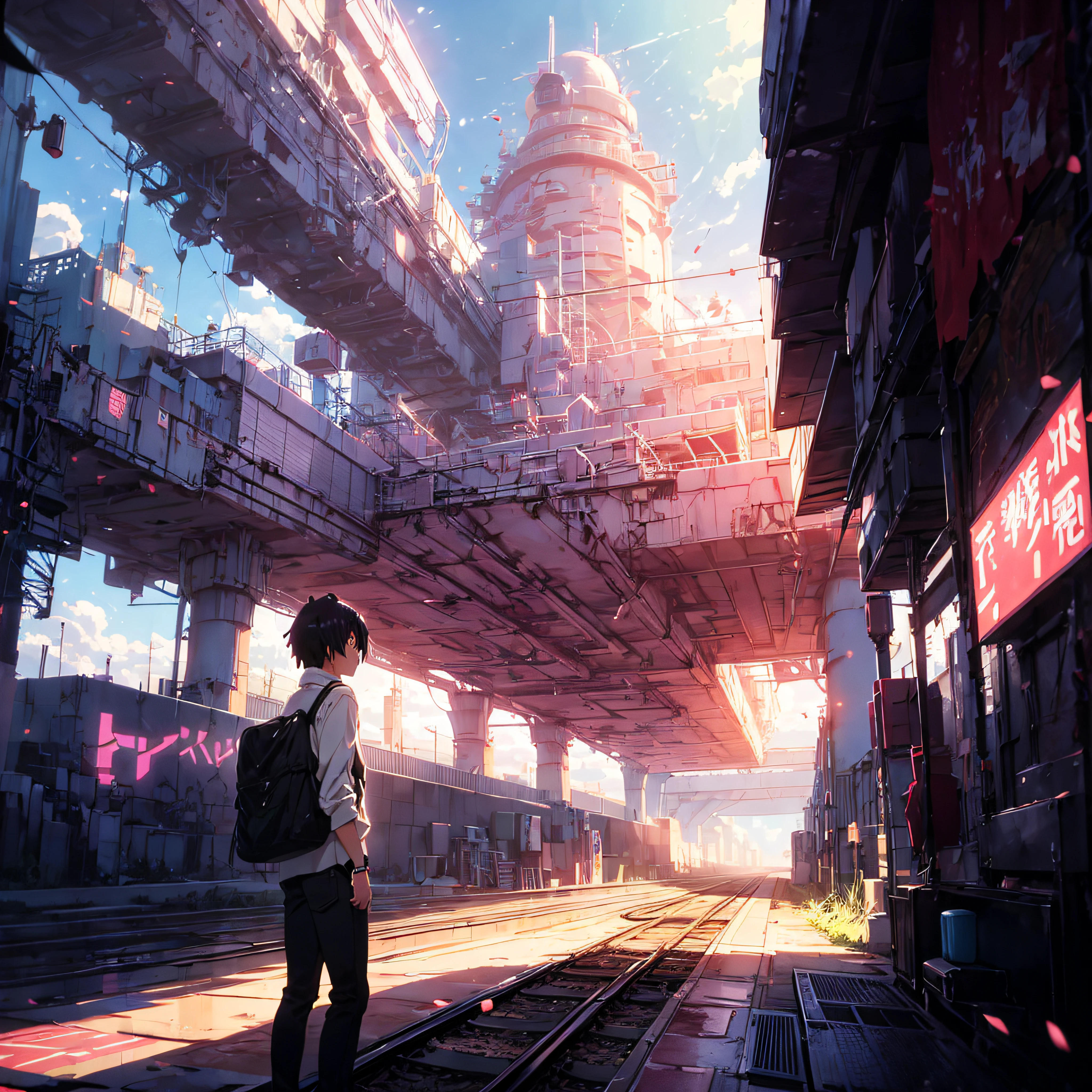 Masterpiece, anime train on tracks through a body of water, pink train. Romantic Train, Makoto Shinkai&#39;s picture, pixiv, concept art, lofi art style, reflection. by makoto shinkai, lofi art, beautiful anime scenes, anime scenery, detailed scenery—width 672, in style of makoto shinkai, style of makoto shinkai, details enhanced, a young man with black hair, white shirt, black jeans, blue sky, comets.