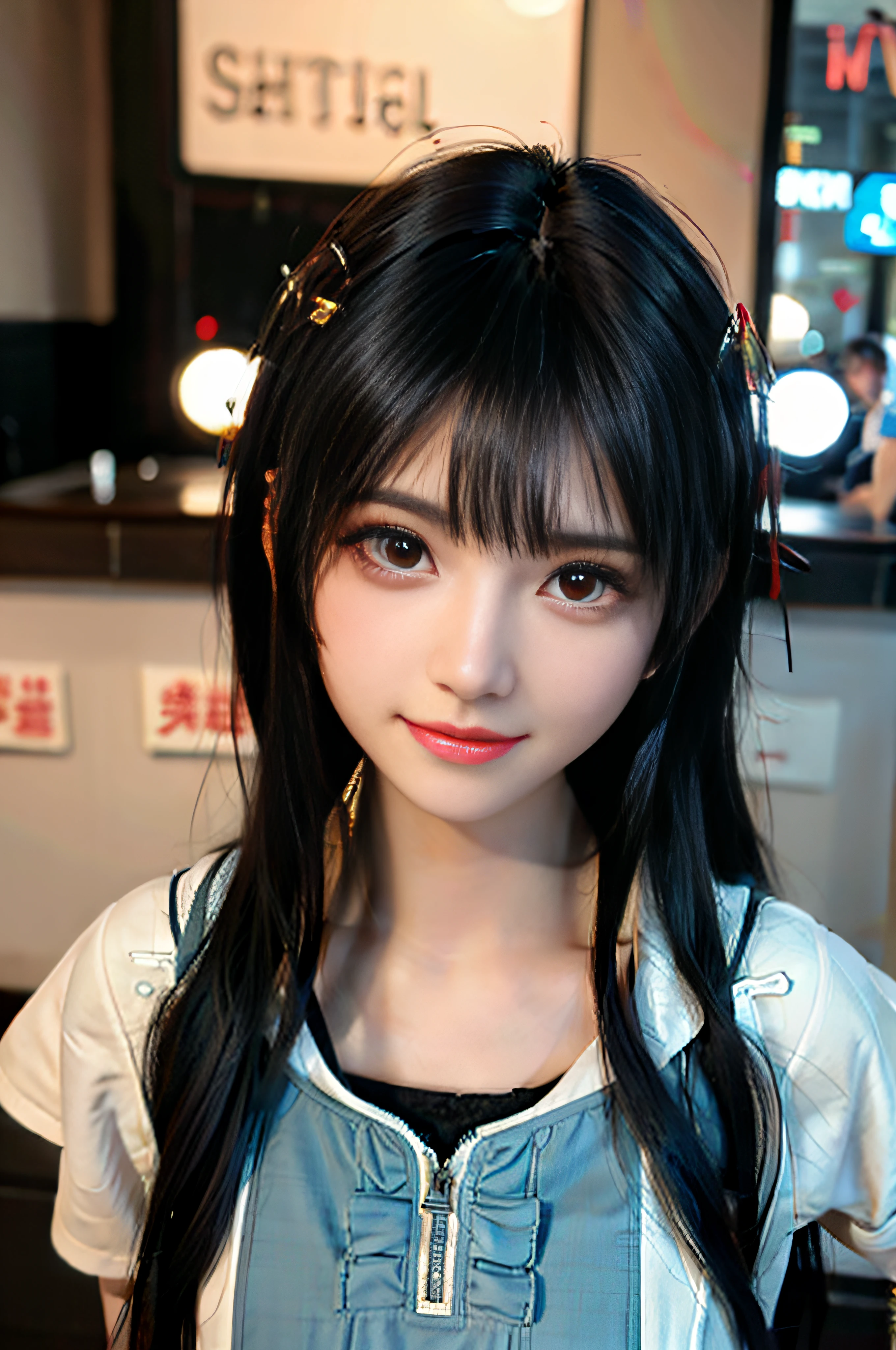 one girl, black hair, blunt bangs, hime cut, long hair, halo, kanzashi, x hair ornament, eyeball, aqua eyes, pupils sparkling, smile, Realism, Verism, cinematic lighting, Fujicolor, symmetry, from above, lens flare, Canon, UHD, masterpiece, anatomically correct, super detail, best quality, 4K, 8k