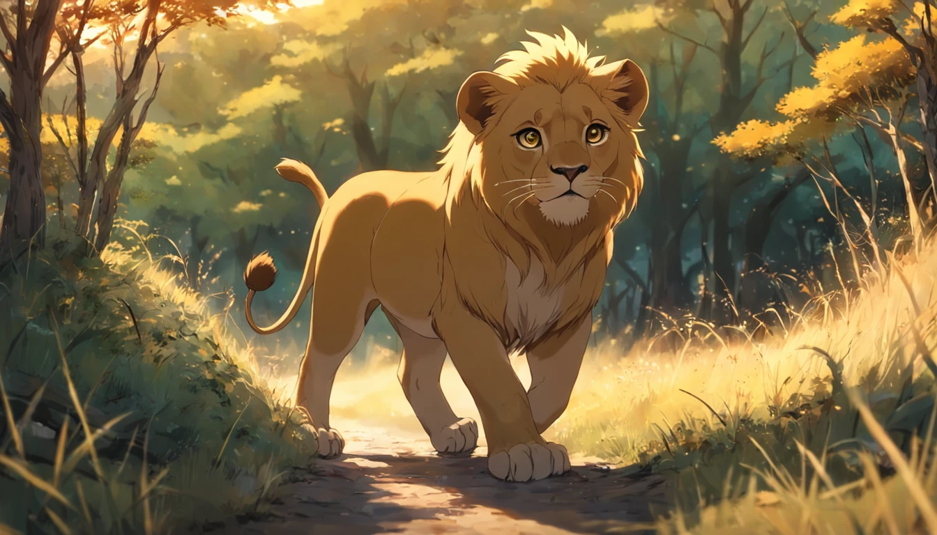 Little lion in beautiful steppe，Looking at the forest in the distance，Show a curious and excited look