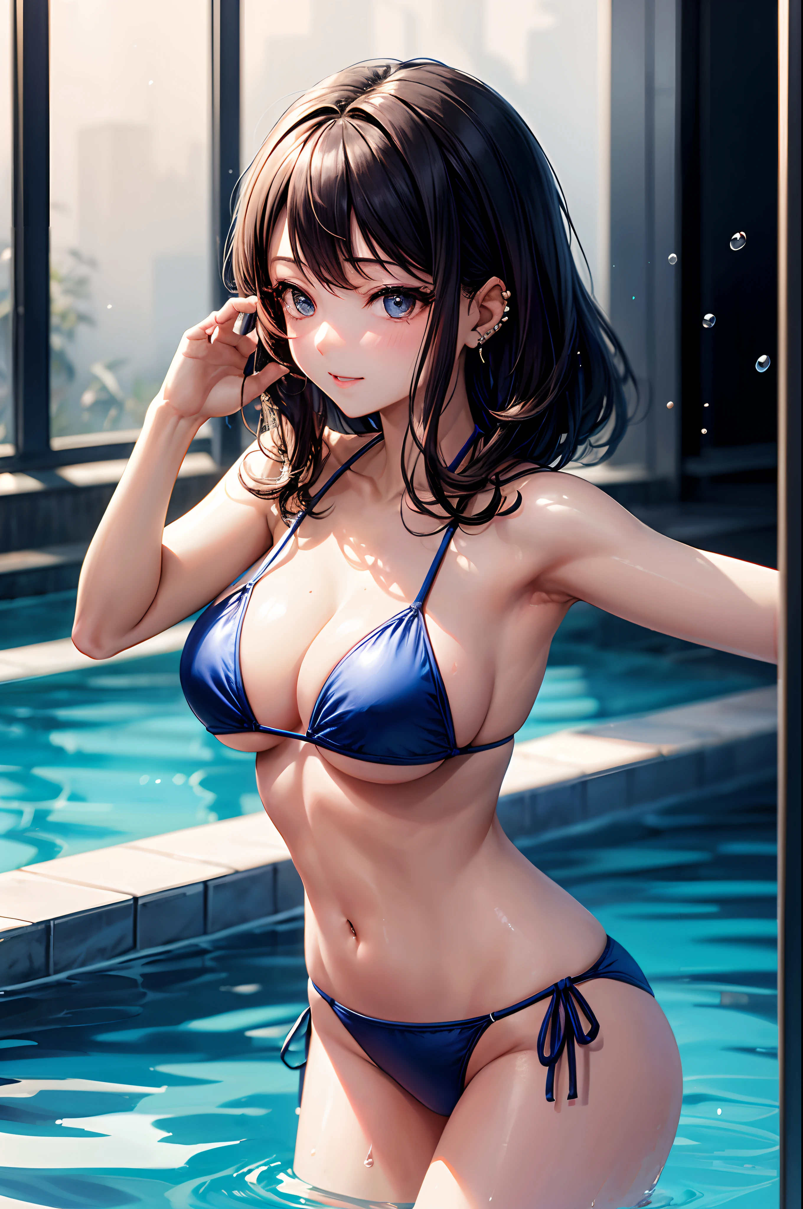 realisitic、top-quality、女の子 1 人、20yr old、dark-colored hair、piercings、Shy face、Fancy Bikini、beautiful boob 、sexypose、s ass、Example Pool、Particles of light、profetional lighting、blue open sky