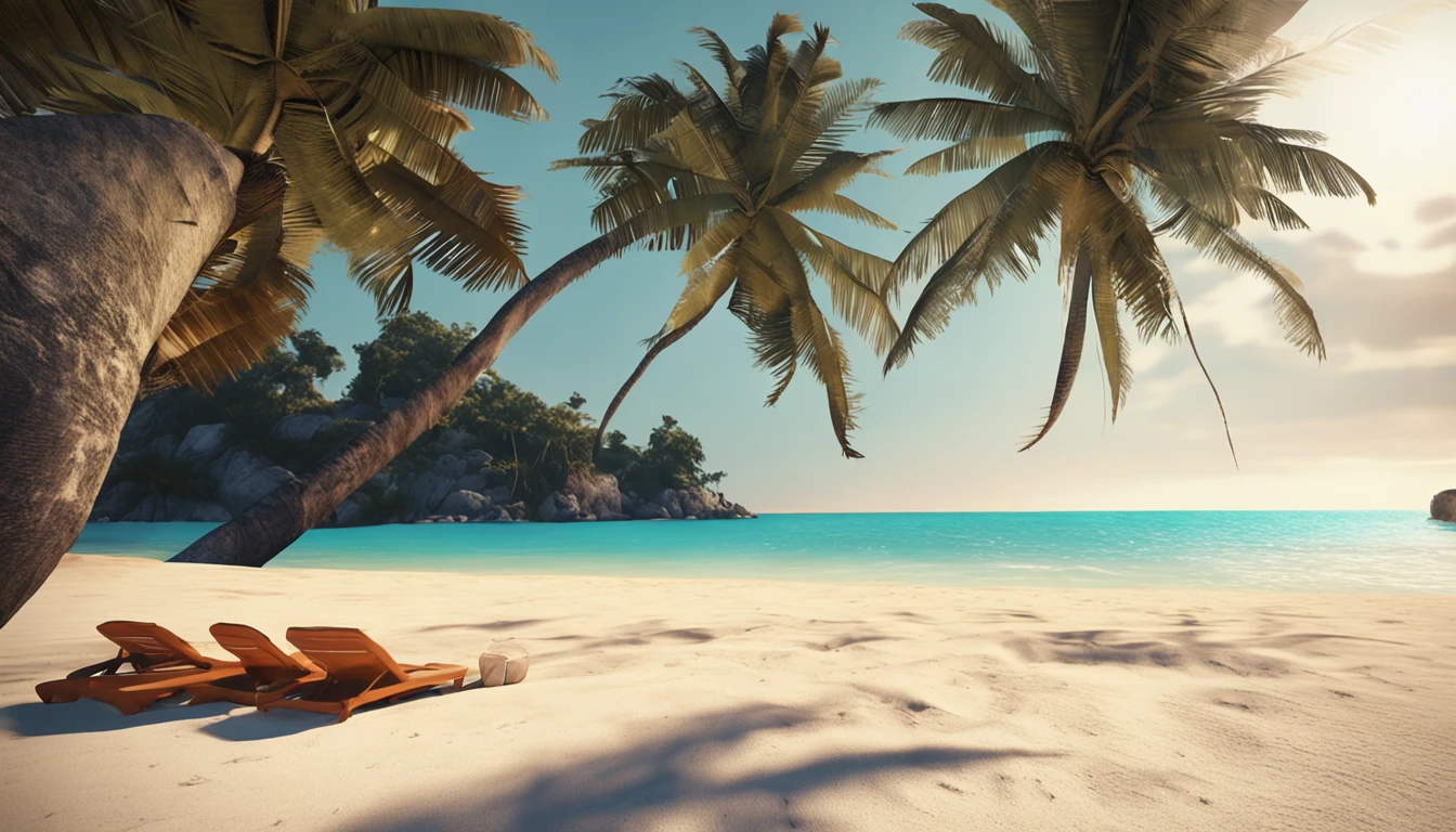 Sunny sandy beach，CG Bikini Beauty，coconut palms，the sea，adolable，