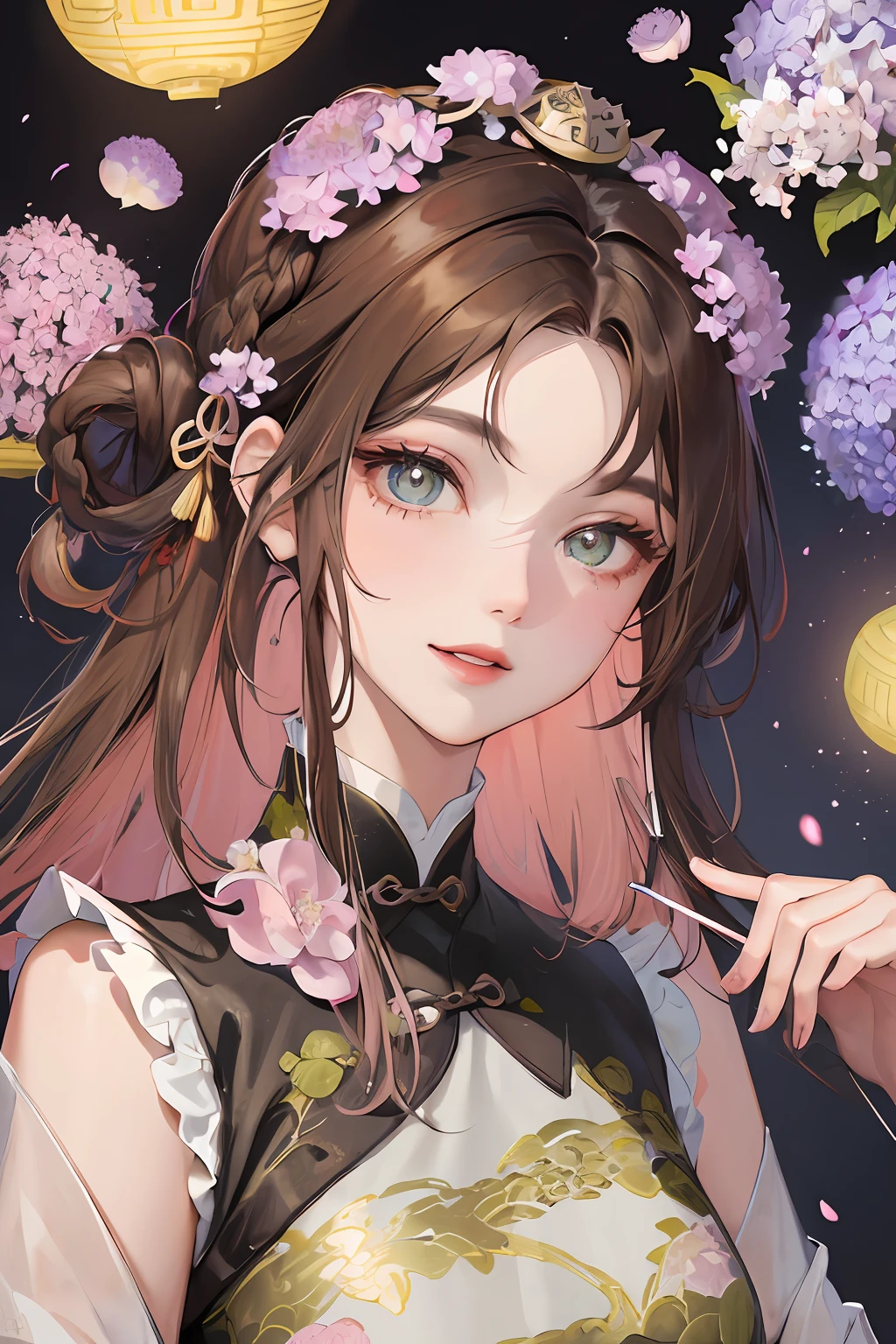 Masterpiece, Best quality, Night, full moon, 1 girl, Mature woman, Chinese style, Ancient China, sister, Imperial sister, Smile, Brown hair, Princess cut, Fried dough twisted braid, Coiled hair, Double ball head, Light pink lips, calm, Intellectual, Split ends in the middle, Green pupils, Hairpin, hydrangea,
