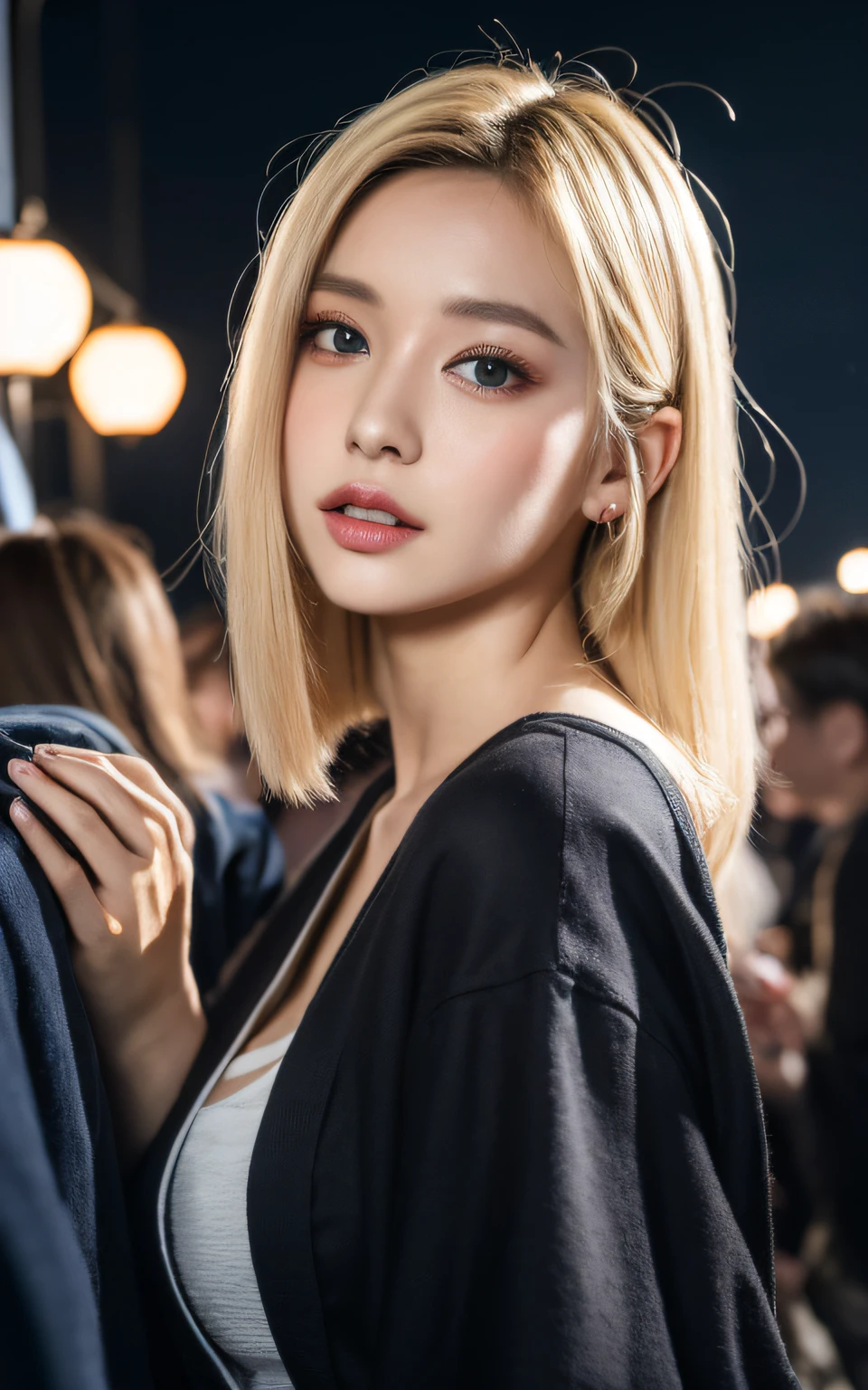 Highly detailed CG Unity 8k wallpaper, top quality, super detailed, masterpiece, realistic, photo-realistic, very detailed cute girl, 25 years old, (blonde hair: 1.4)), ((dyed blonde)), (gal), round eyes, viewer, blush, parted lips, (semi-body shot),
yukata, festival, night, valley