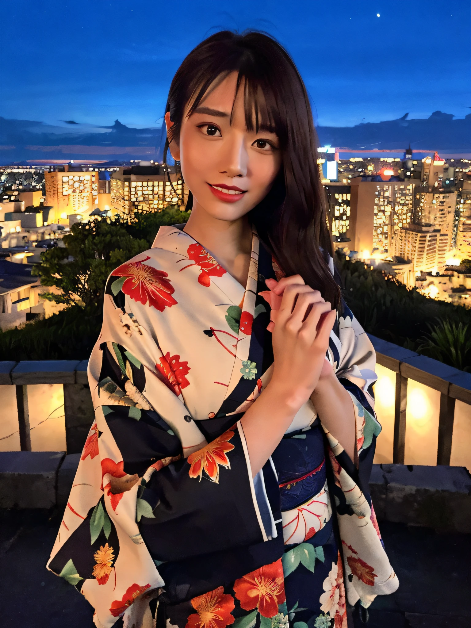 1girl in,(komono, Kimono, with floral pattern,  Blue kimono,  print kimono,  sash, Wide sleeves, Obi),(On a hill overlooking the city:1.4),(Raw photo, Best Quality), (Realistic, Photorealsitic:1.4), masutepiece, extremely delicate and beautiful, Extremely detailed, 2k wallpaper, amazing, finely detail, the Extremely Detailed CG Unity 8K Wallpapers, Ultra-detailed, hight resolution, Soft light, Beautiful detailed girl, extremely detailed eye and face, beautiful detailed nose, Beautiful detailed eyes,Cinematic lighting,city light at night,Starry sky,Perfect Anatomy,Slender body,lightsmile,