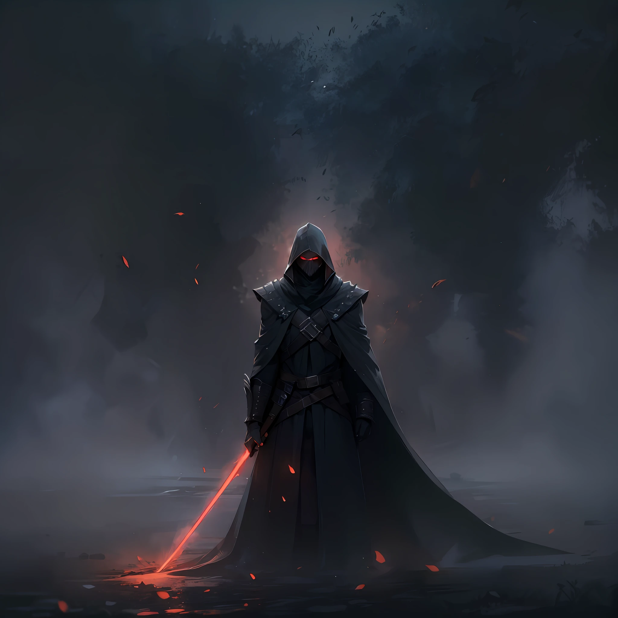 A legendary dark sith, (illustration style), dark environment, lot of fog, ashes