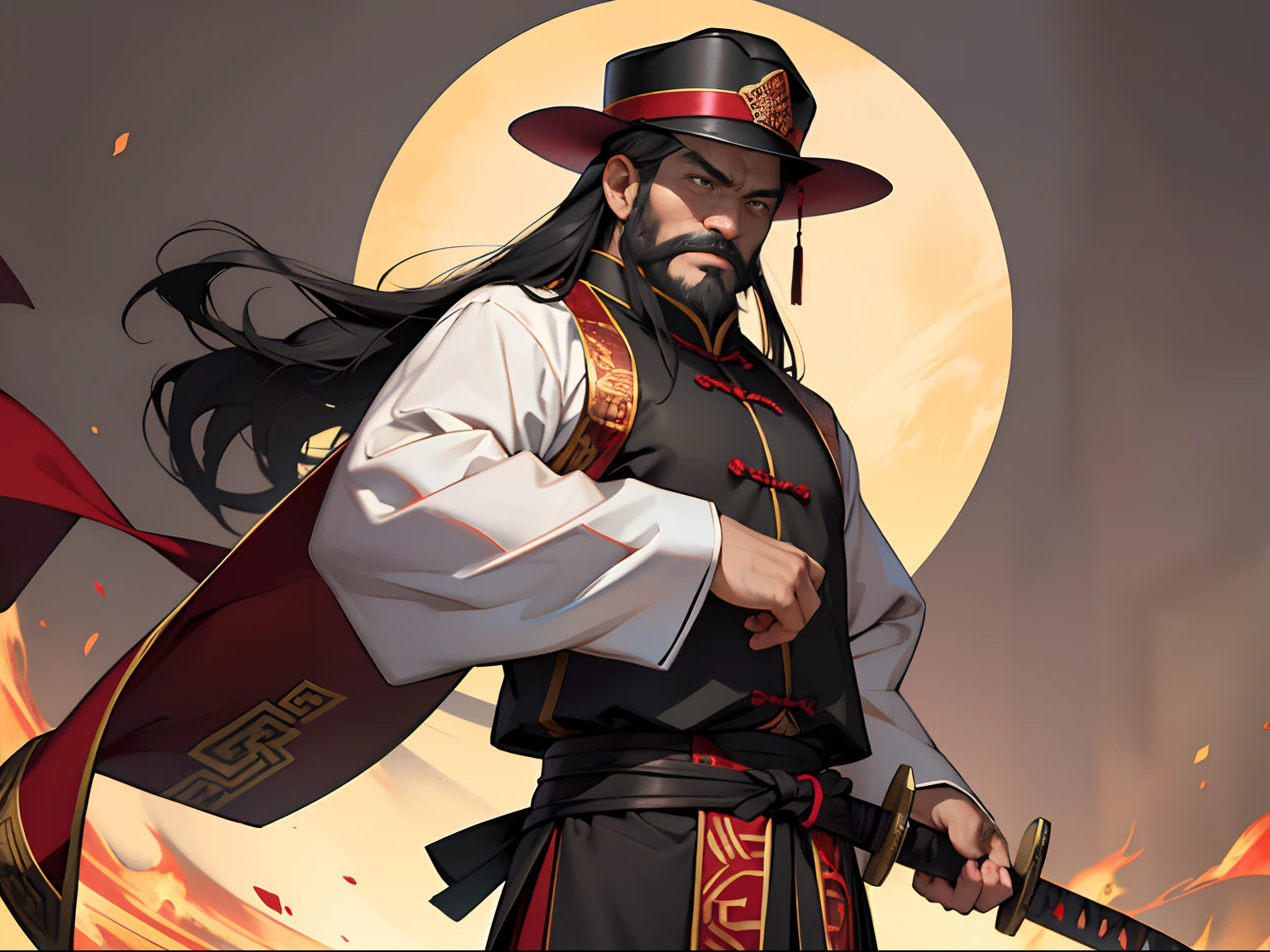 A middle-aged man wears a black Chinese Taoist uniform,The face is serious and bearded,Long hair to the waist,The lining is burgundy,Wears a Chinese-style farmer hat,The hilt of the katana is held in one hand,Hands naturally droop, Go straight,The background is an ancient Chinese tenon and tenon structure building