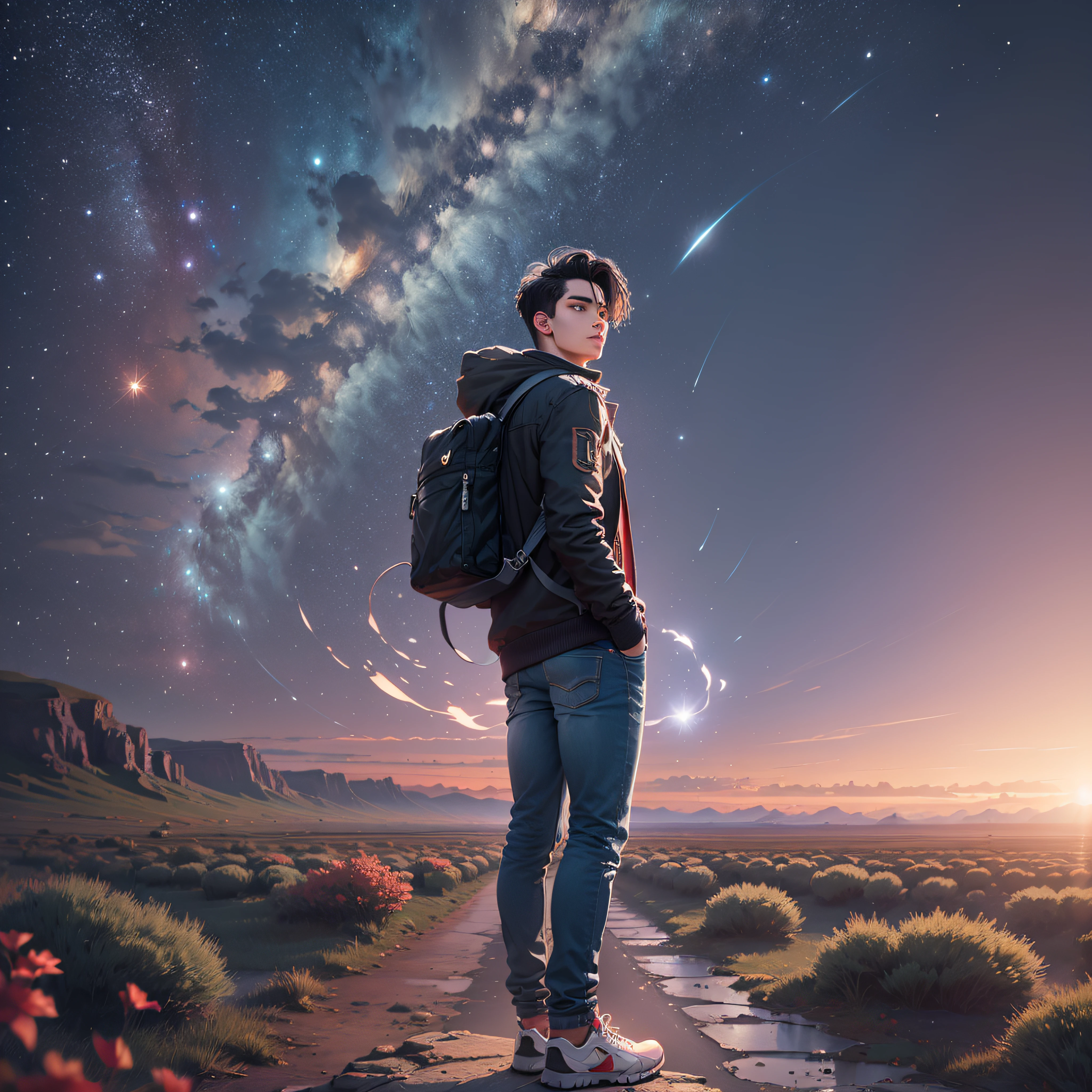 ((Best Quality, 8K, Masterpiece: 1.3)), landscape, nightshoot, star trail, slow speed, standing young man with black hair, black jeans, look at the stars, amazing scenery.