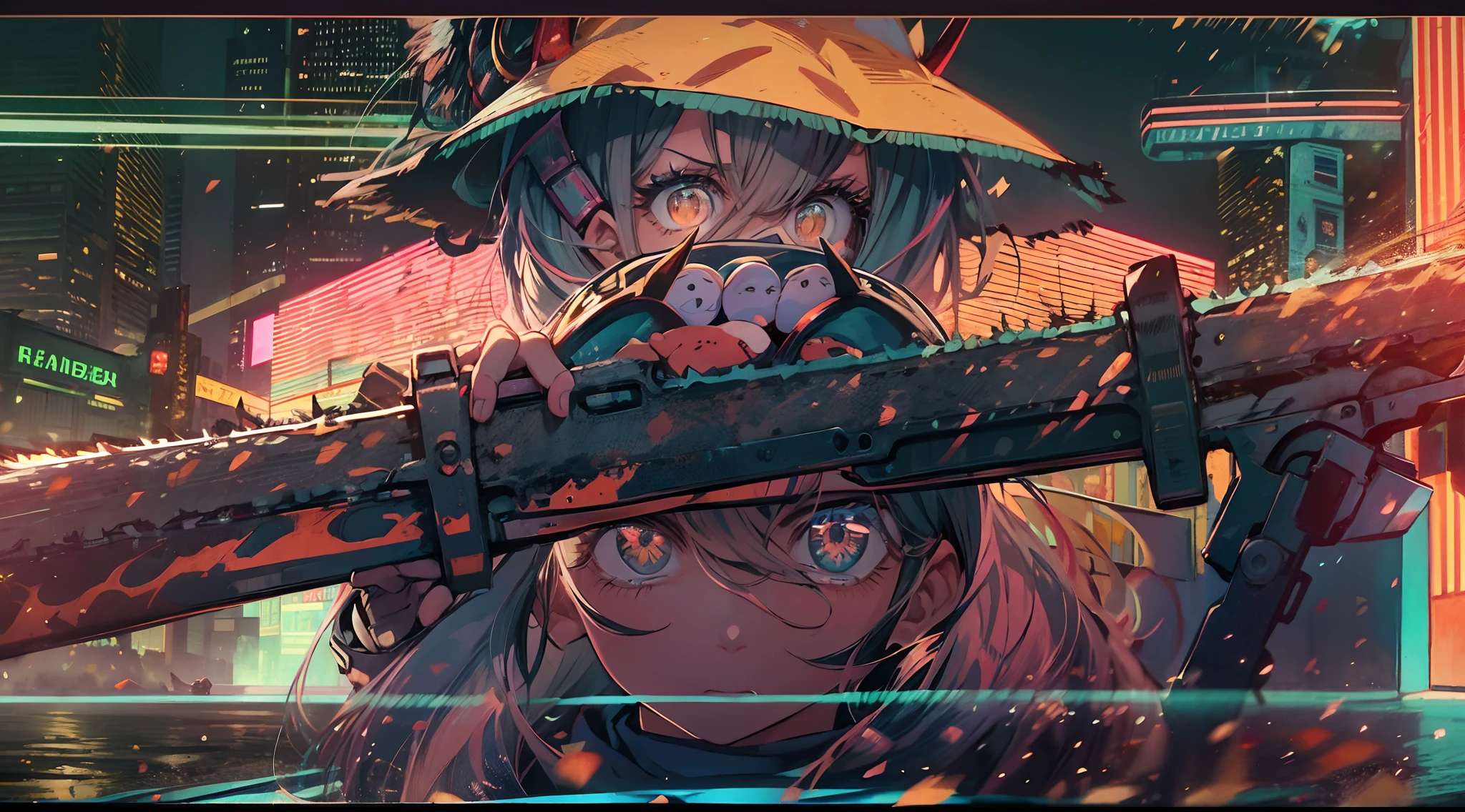 Noite, Fundo colorido da cidade cyberpunk, de rua,power,chainsaw man, olhos brilhantes, retroiluminado, brilhar, Surveying the audience, Low angle lens, olhando para cima lente, perfect composition, delicadeza perfeita de luz e sombra, 8k