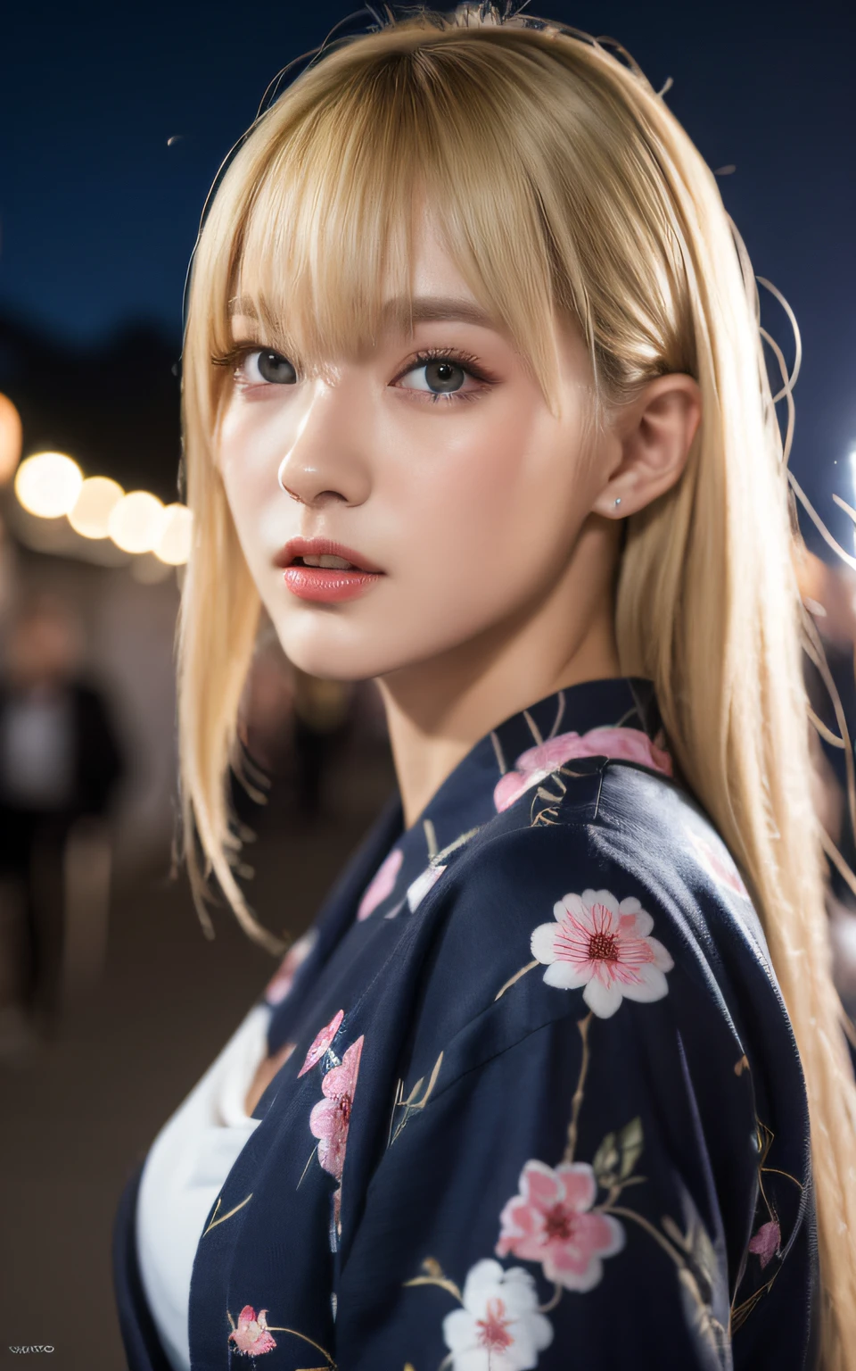Highly detailed CG Unity 8k wallpaper, top quality, super detailed, masterpiece, realistic, photo-realistic, very detailed cute girl, 25 years old, (blonde hair: 1.4)), ((dyed blonde)), (gal), round eyes, viewer, blush, parted lips, (semi-body shot),
yukata, festival, night, valley
