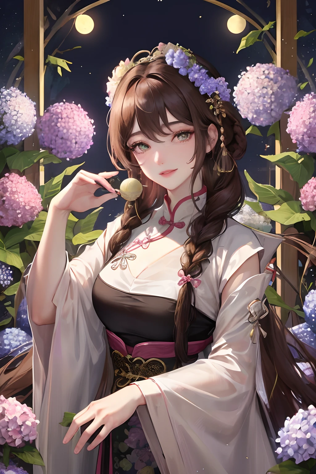 Masterpiece, Best quality, Night, full moon, 1 girl, Mature woman, Chinese style, Ancient China, sister, Imperial sister, Smile, Brown hair, Princess cut, Fried dough twisted braid, Coiled hair, Double ball head, Light pink lips, calm, Intellectual, Split ends in the middle, Green pupils, Hairpin, hydrangea,