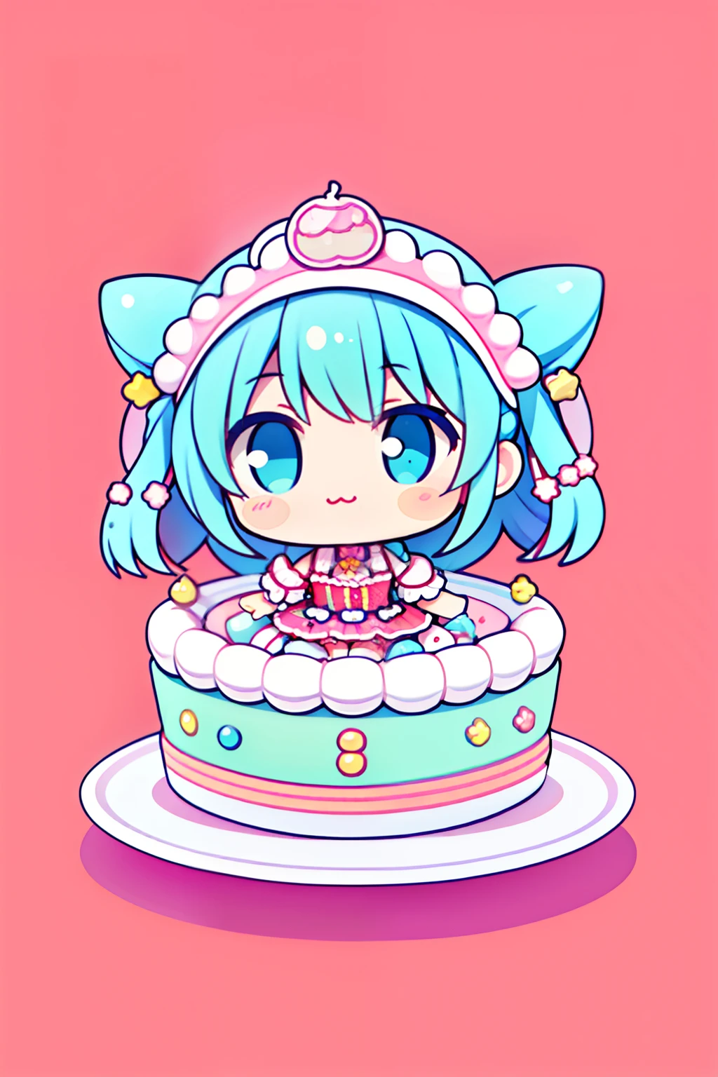 Cake Girl，Cake IP image design，Sweet，adolable，kawaii，Confectionery，Q version，Anime style，banya，Candy elements，Welcoming and generous，sweets，Skirt in many colors，cyanhair，