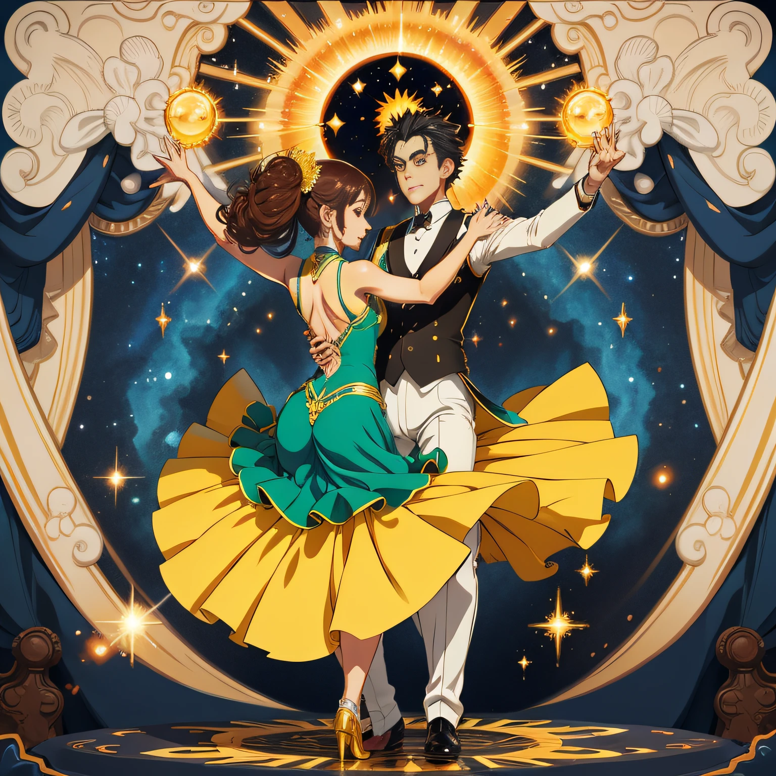 Desenhe em anime um casal brasileiro, Dancing, BALLROOM DANCING, musculoso, The background of the cosmic image of the Sun and the image should show the character in full body