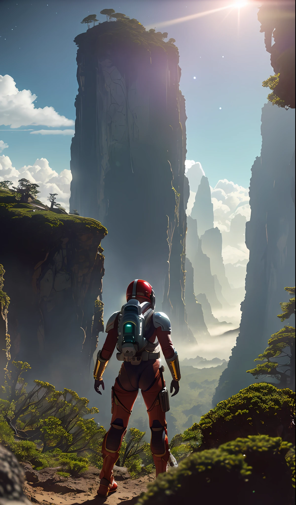 (35mmstyle:1.2), Highly detailed RAW color Photo, Rear Angle, Full Body, of (female space marine, wearing white and red space suit, futuristic helmet, tined face shield, rebreather, accentuated booty), outdoors, (standing on Precipice of tall rocky mountain, looking out at magical lush green rain forest on alien planet), vivid detail, (exotic alien planet), toned body, big butt, (sci-fi), (mountains:1.1), (lush green vegetation), (two moons in sky:0.8), (highly detailed, hyperdetailed, intricate), (lens flare:0.7), (bloom:0.7), particle effects, raytracing, cinematic lighting, shallow depth of field, photographed on a Sony a9 II, 35mm wide angle lens, sharp focus, cinematic film still from Gravity 2013, viewed from behind, dynamic angle