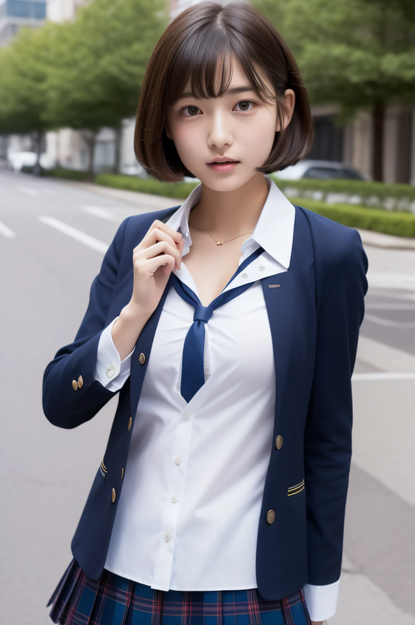 high-level image quality、In the street、Only 1 person、(Beautiful girl in uniform and short cuts、well-styled)、(Uniform shirt unbuttoned and chest open)、cleavage of the breast、bustup
