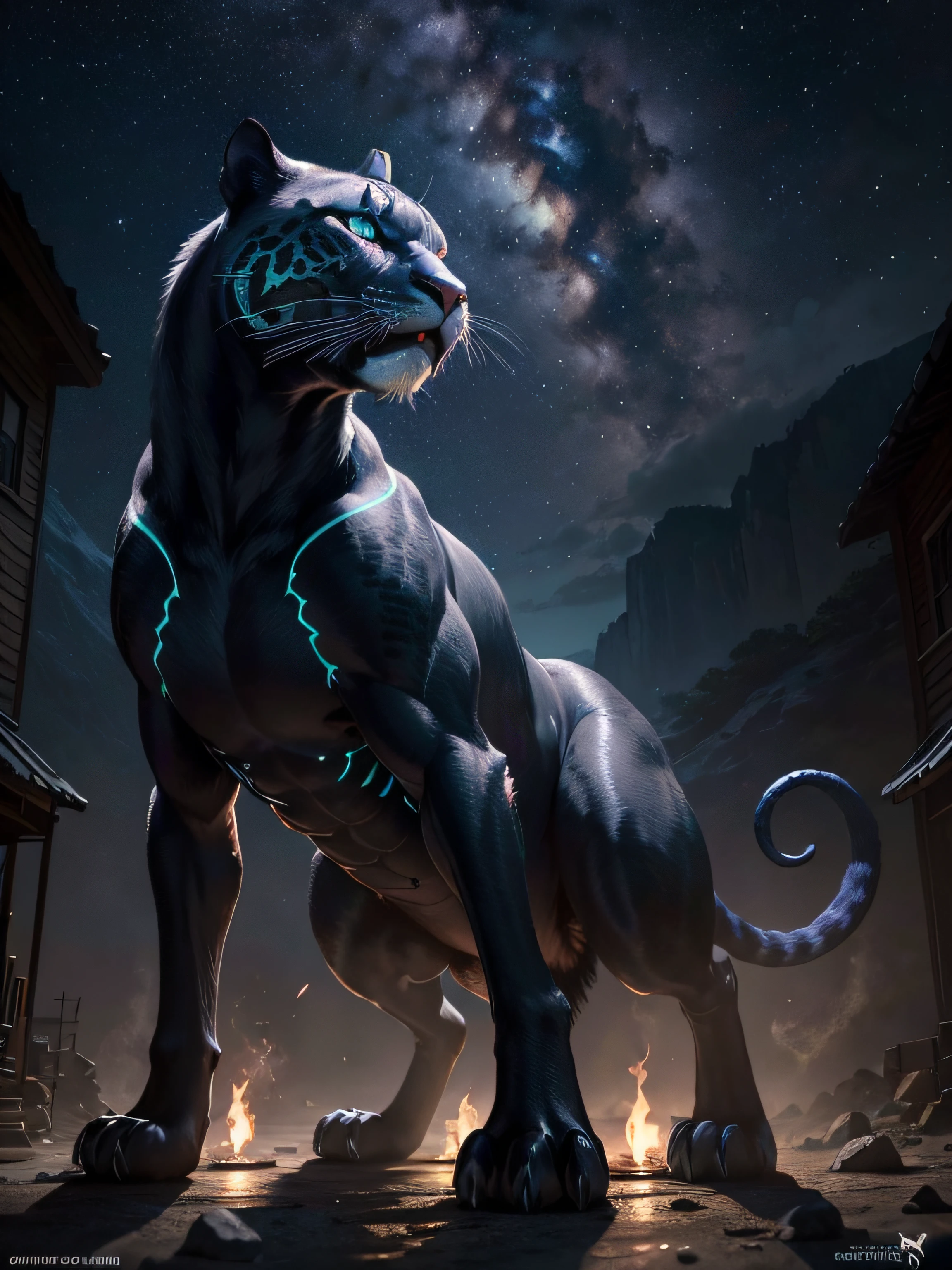 Ferocious Panther,Ultra Realistic Photo, The night sky comes alive with the zodiac sign Scorpio. The celestial beauty of the stars forms a fascinating depiction of the mythical scorpion.
soft, Diffused moonlight bathes the scene, Create a fantastic atmosphere,Enhance the realism of the image. The intricate details of the shape of Scorpio emerge with extraordinary clarity, It was as if the scorpion itself was suspended in the night sky.