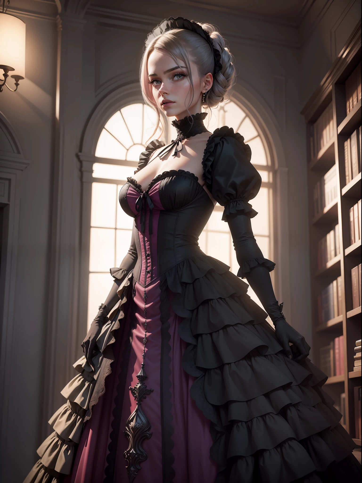 Realism, Photorealism, Photorealistic, Hyper Real, Hyperrealistic, Realistic, Full-HD, 1080p, 16k a woman wearing a dress made of cerise and chartreuse home library with dark gray walls, in the style of sci-fi noir, futuristic victorian,