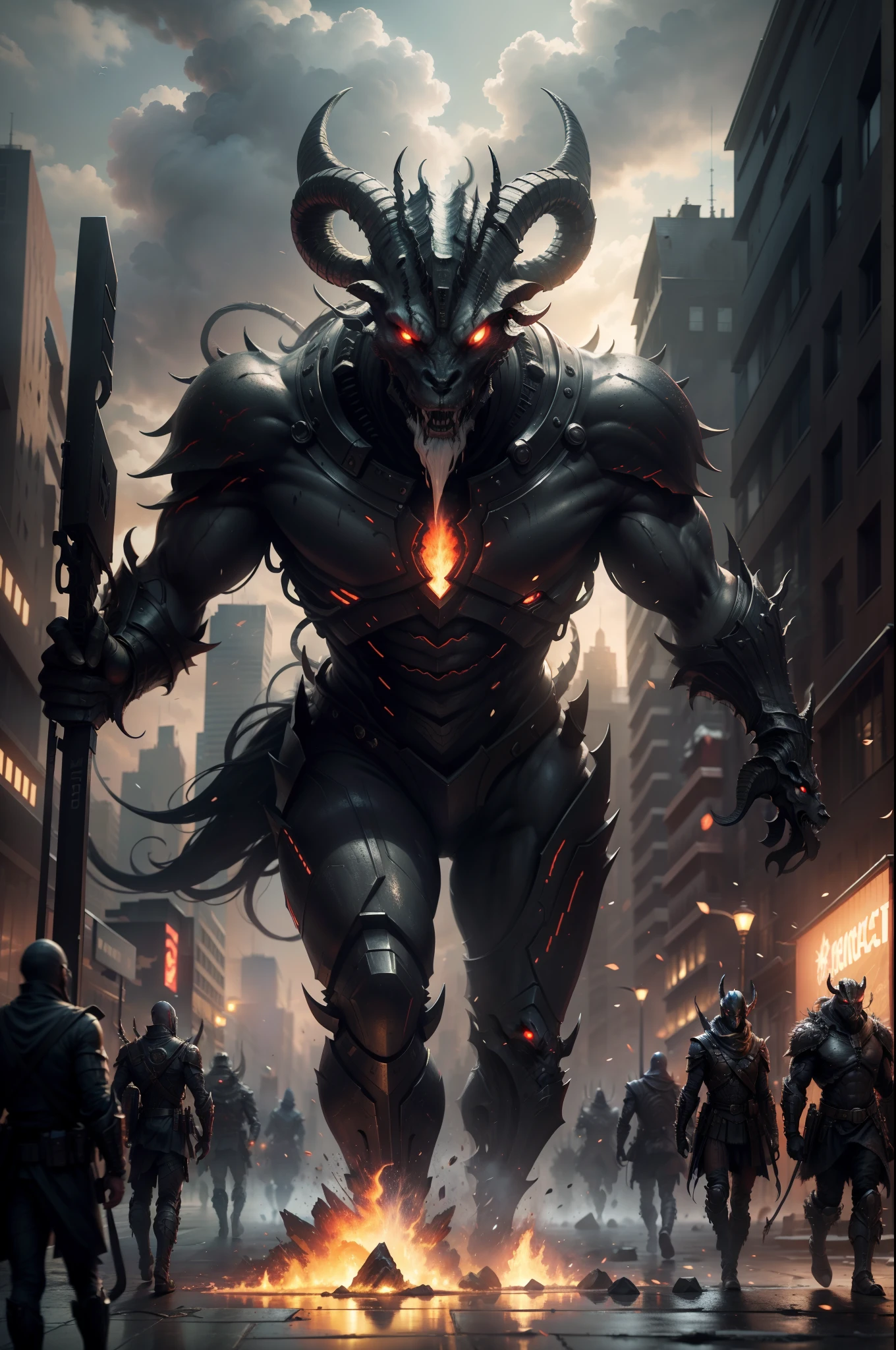 Alien armies invade cities，Goat-faced demon ，Wear military uniforms，Pick up the axe，red - eyed，unholy，Fierce，rampage ，Powerful，Stand at the highest part of the city，Observe the city，Below is the army of demons，Epic war fantasy digital art，Epic Technology, fantasy, Digital art，Futuristic fantasy，tmasterpiece，high qulity，8K，UHD resolution，Detailed detail drawing，realisticlying，Very realistic，cinmatic lighting,an award winning photograph,rich colours，hyper realistic lifelike texture，dramatic  lighting