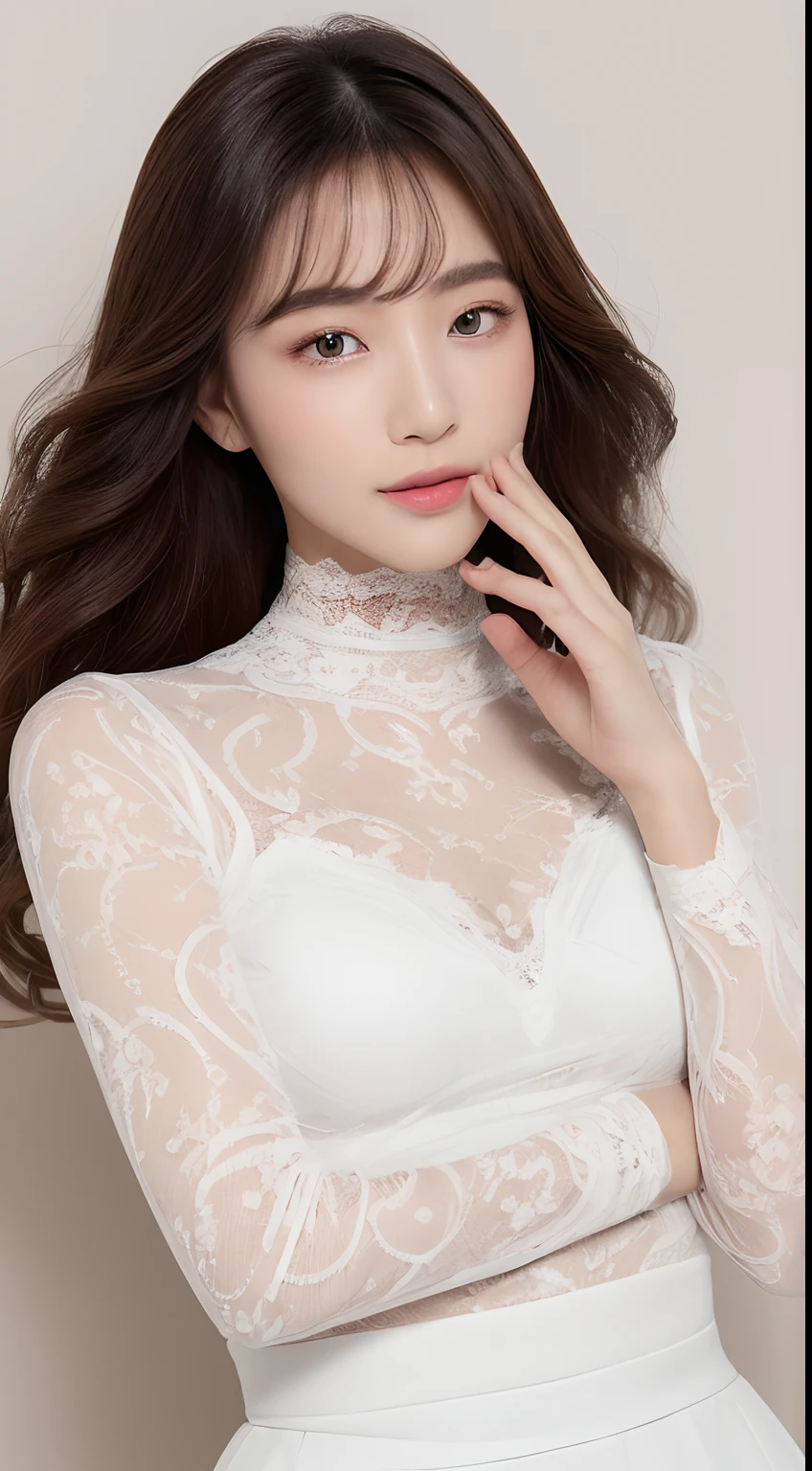 ((top-quality、8K、masterpiece:1.3))、realskin、Marble background、FULL BODYSHOT、1人、Beautiful woman with slender abs:1.3、(long curly hair、爆乳:1.2)、sexy facial expression、big eye、Long Sleeve White Lace High Neck Shirt:1.1、hyperdetailed face、A detailed eye、Double eyelid hands on face、Korean Beauties、White lace skirt、beautiful and long legs、high-heels、Walking