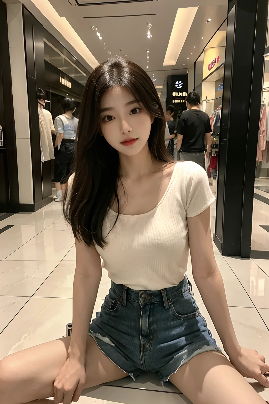 4K refined facial features，Korean girl standing in the mall，Shorts，shorter pants，Sit in different places，Spread your legs