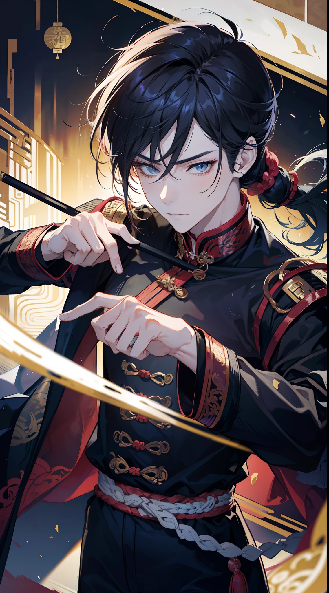 ancientry,Ancient China,Shogun,the god of war,male people,Bunched hair,High ponytail,Long hair tied up,Masculine and handsome,Tough guy,Be brave and good at fighting,perfectly proportions,musculature,the detail,high qulity,beautiful man,Handsome,Perfect male,Exocet suit,Hanfu robe