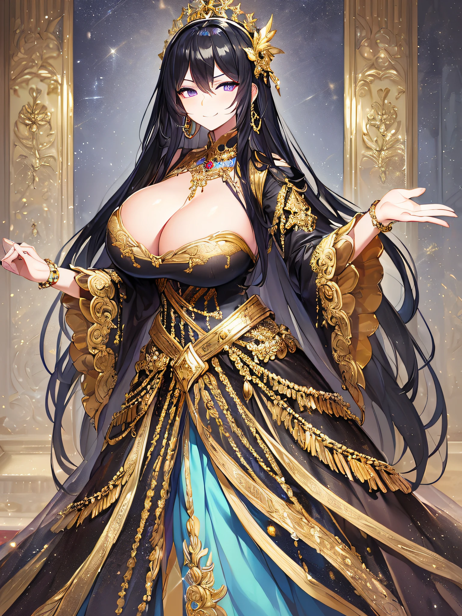 ((anime artstyle)),(Masterpiece),(Best Quality),(Super Detail),(Very Delicate and Beautiful),Solo,((full body,standing pose)),from above,standing in the royal palace,((1 arrogant BlingBling queen in black and gold gorgeous rococo ballgown with voluminous full length hoop skirt)),(crinoline),gorgeousfull embroidery,Long train,((arrogant,haughty)),(((arrogant smile))),Sharp eyes,((gorgeous gemstone jewelry)),detailed face and eyes,jewel-like eyes,Purple eyes,(Bangs between eyes),((large amount of straight hair,extremely Long voluminous black Hair)),((gigantic tits,Long tits)),gorgeousfull embroidery,cleavage,extremely gorgeousfull hair ornament,(bling-bling extremely gorgeousfull jeweled tiara),gorgeous corsage,(Dynamic Angle),Looking at viewer,((full body)),((black and gold gorgeous rococo ballgown with voluminous full length hoop skirt))